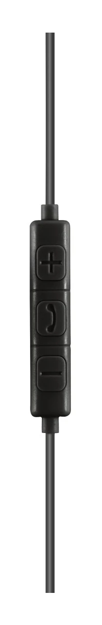 Primer plano de un mando a distancia negro en línea con botones de volumen y llamada en un cable gris oscuro, sobre blanco.