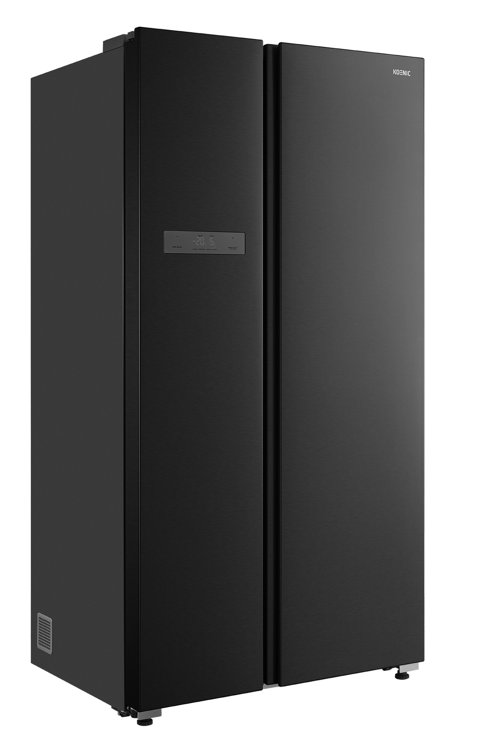 Un refrigerador Koenic negro. Tiene dos puertas y una pantalla digital. El fondo es gris liso.