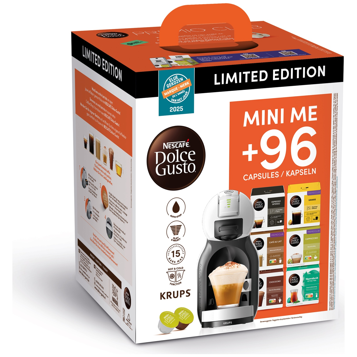 A Dolce Gusto Mini Me coffee machine box with capsules. Features include 'Limited Edition' and '96 Capsules'.