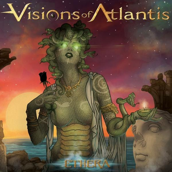 Medúza-szerű alak rózsával és gyertyával. Kígyók hajként, naplementével, Visions of Atlantis.