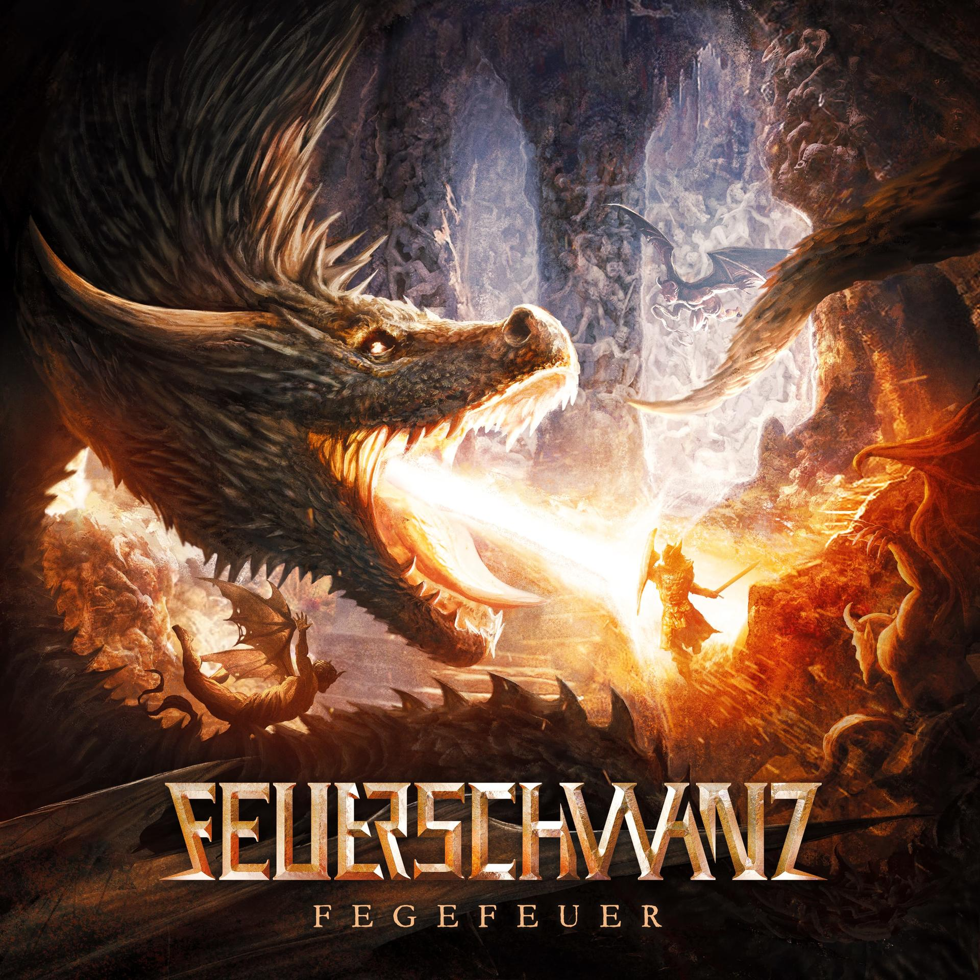 Egy sárkány tüzet okád. Egy lovag démonokkal harcol. A zenekar neve Feuerzschwanz. Az album neve Fegefeuer.
