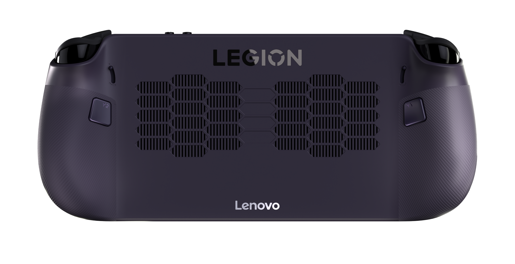 Ciemnofioletowa konsola do gier Lenovo Legion. Cechy: teksturowany tył, otwory wentylacyjne i logo Legion.
