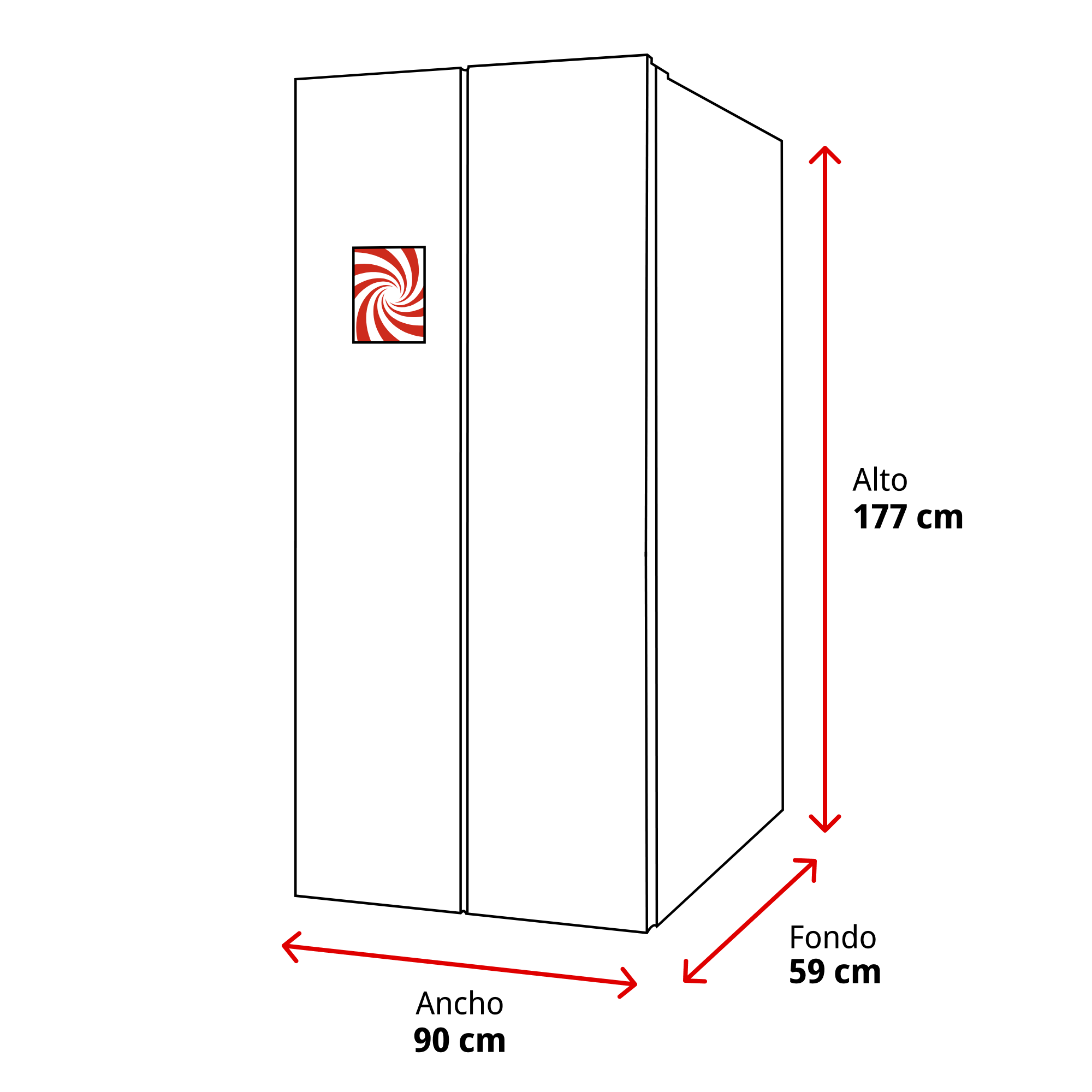 Un armario blanco con flechas rojas que indican dimensiones: 177 cm de alto, 90 cm de ancho y 59 cm de profundidad. Un logo es visible.