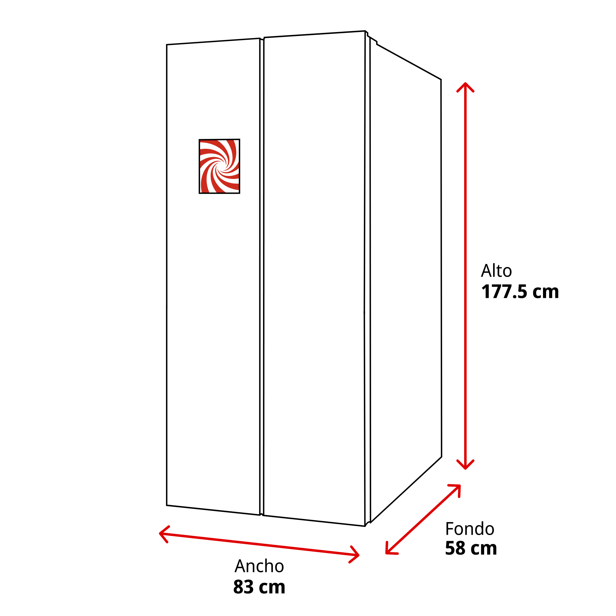 Diagrama de un refrigerador blanco con dimensiones. Tiene un logotipo en espiral rojo y blanco.