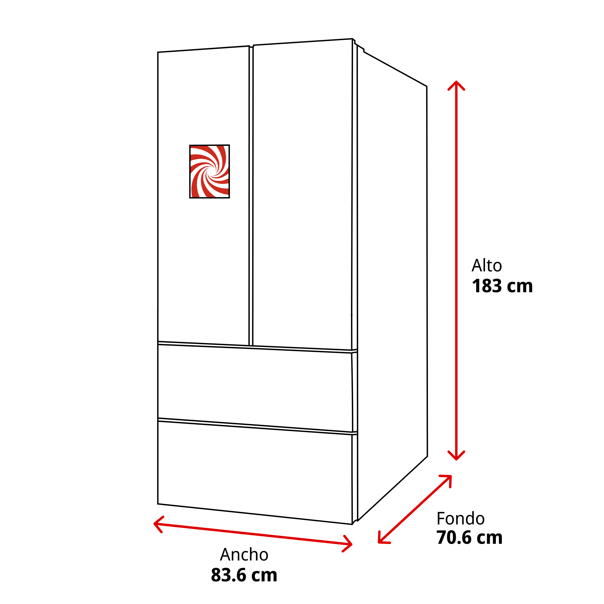 Un refrigerador blanco con dimensiones y un logotipo de espiral rojo y blanco en la puerta.