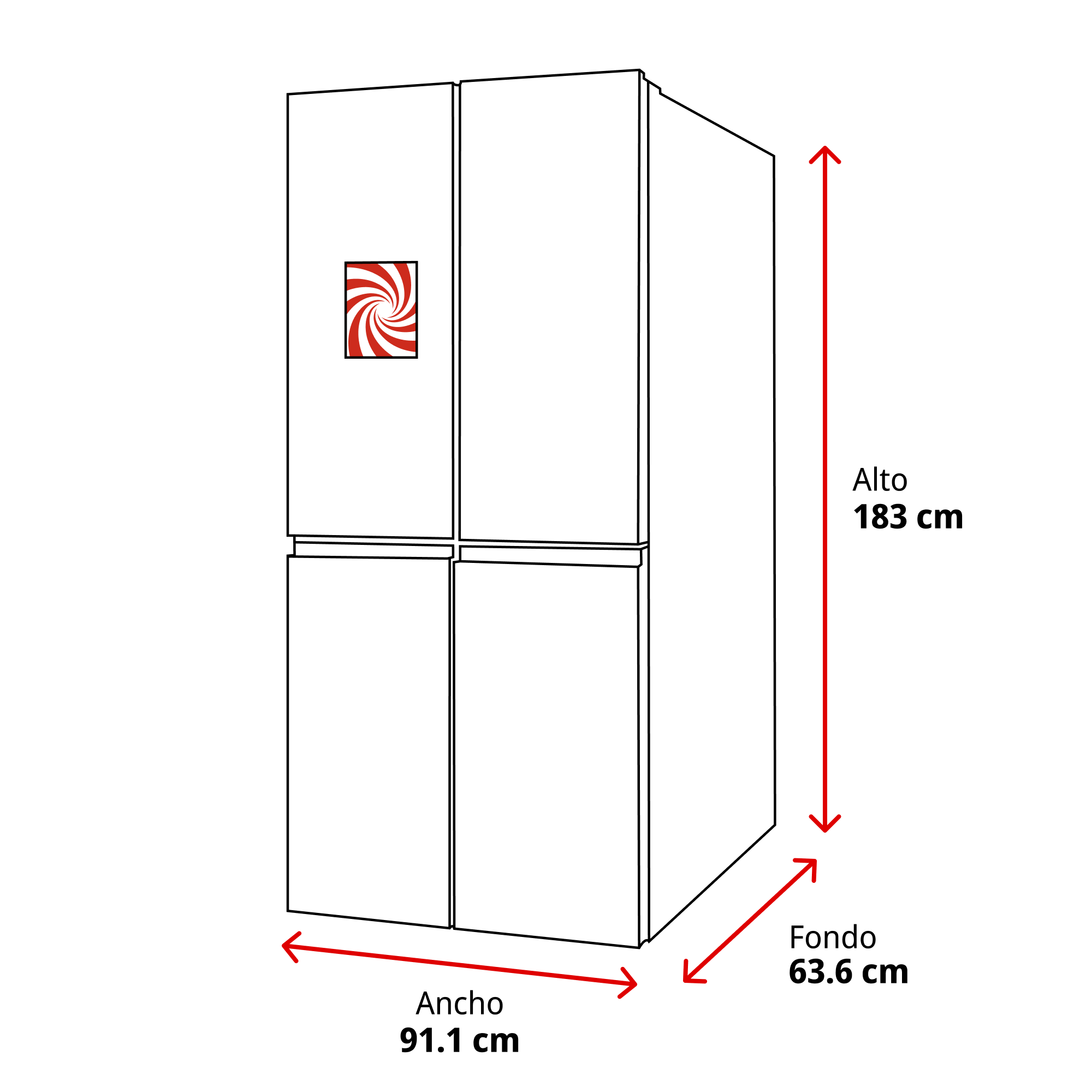 Un refrigerador blanco con cuatro puertas, dimensiones etiquetadas. Tiene un logo espiral rojo y blanco.