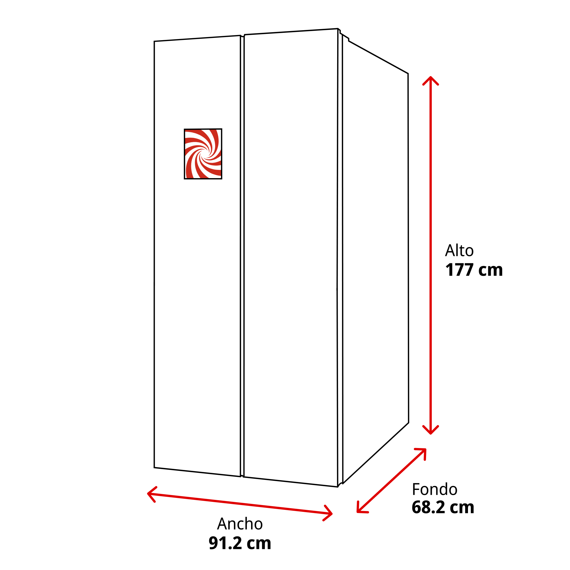 Un armario blanco con logo espiral rojo. Dimensiones: 177cm alto, 91.2cm ancho y 68.2cm profundidad.