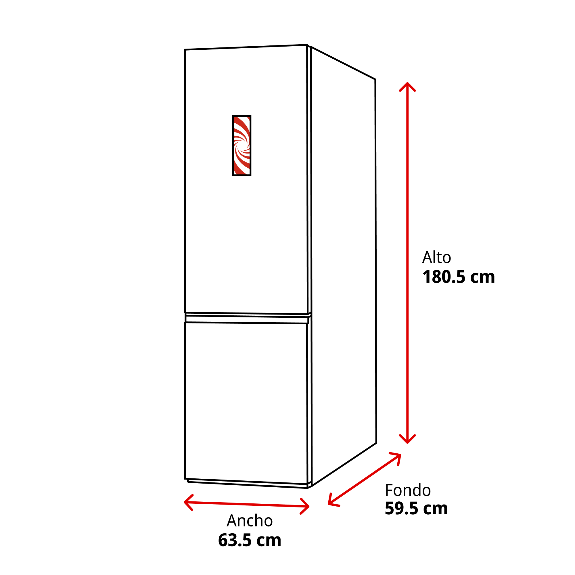 Un refrigerador blanco con dimensiones etiquetadas. La altura es 180,5 cm, el ancho 63,5 cm y la profundidad 59,5 cm. Tiene un diseño rojo y blanco.
