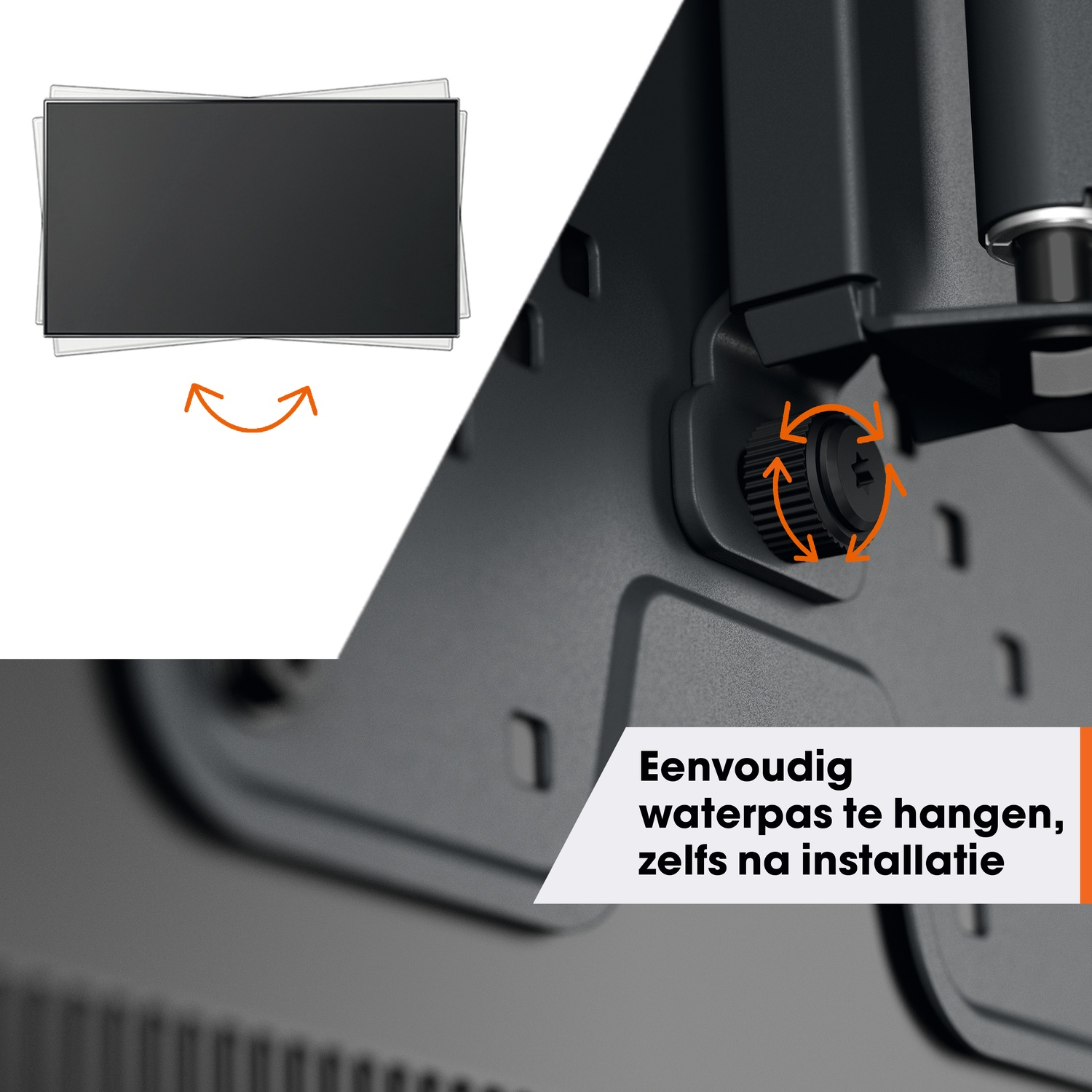 Afbeelding toont een tv en montagehardware. Tekst zegt: 'Eenvoudig op te hangen, zelfs na installatie'.