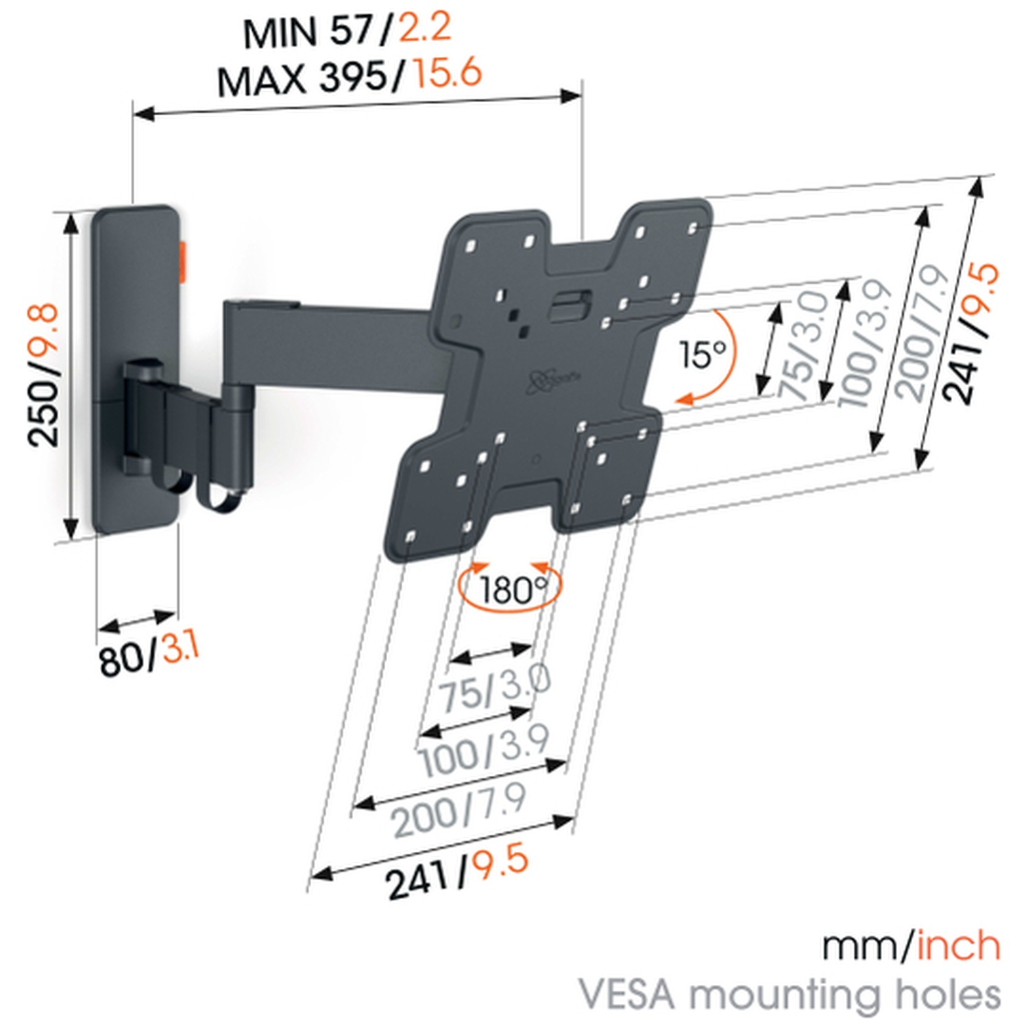 Diagram van een zwarte tv-muurbeugel met afmetingen in mm/inch. Toont beugel, arm en montageplaat met hoeken en afmetingen.