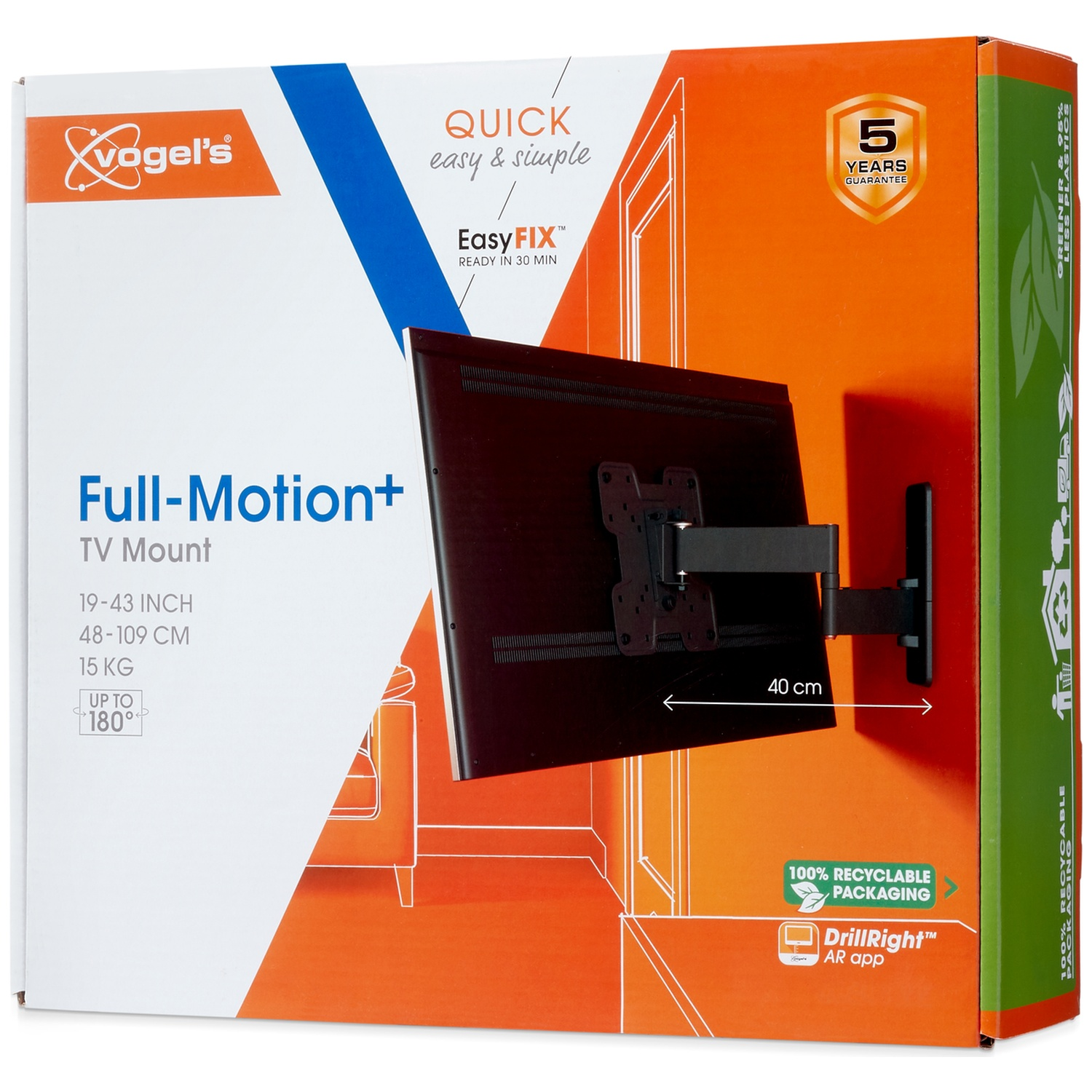 Doos voor een tv-beugel. Het toont een tv die aan de muur is gemonteerd. De doos is wit, oranje en groen met tekst.