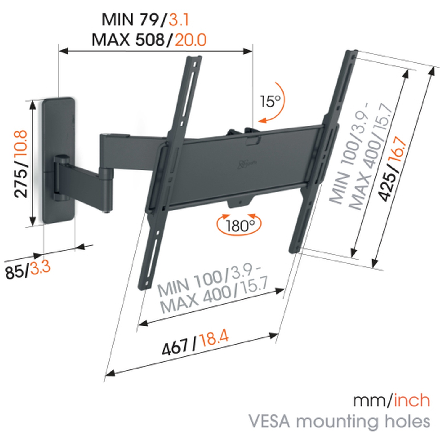 Diagram van een muurbeugel. Het toont afmetingen in mm/inch, hoeken en VESA-montagegaten. De beugel is zwart.