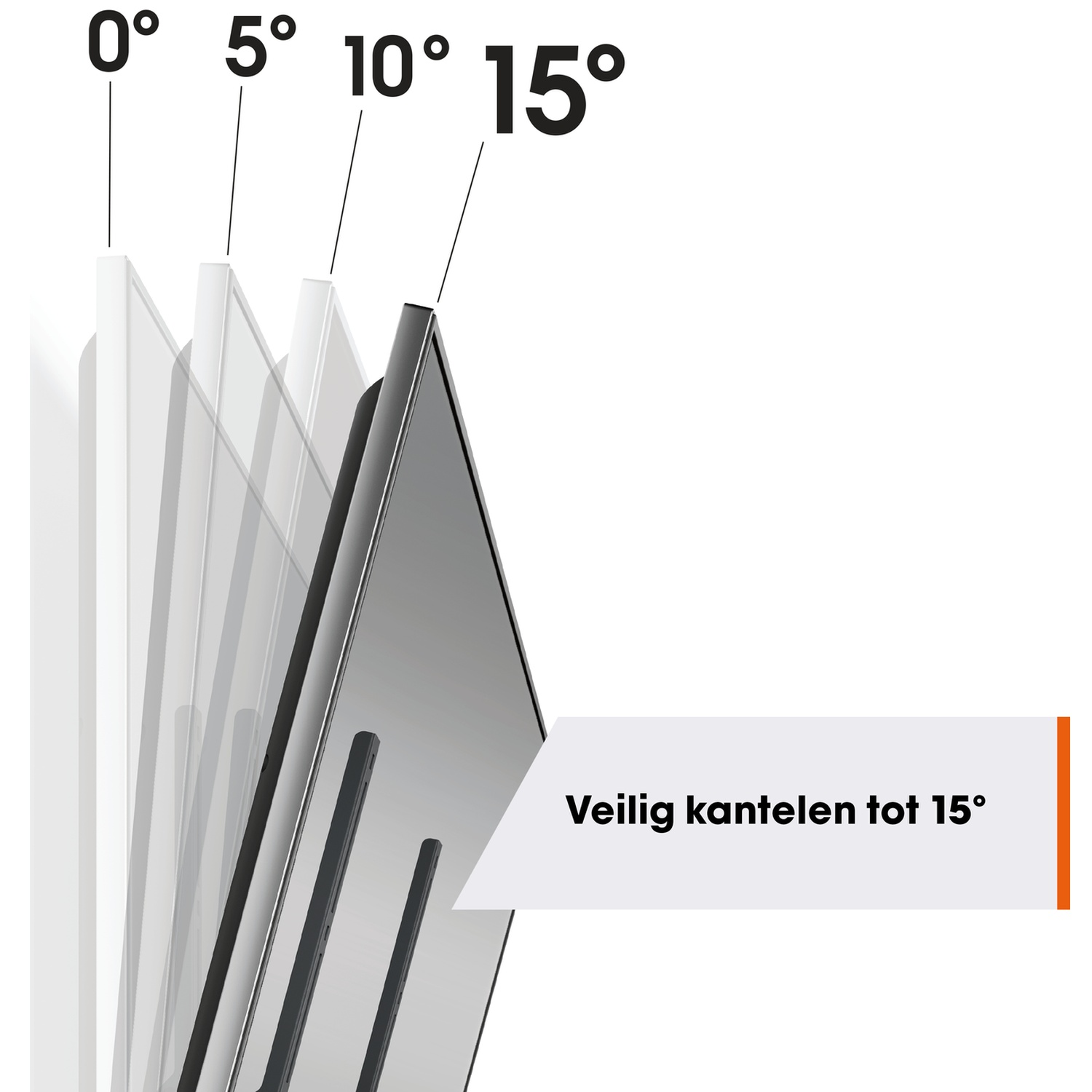 Afbeelding toont een scherm dat in verschillende hoeken (0°, 5°, 10°, 15°) kantelt. Tekst: 'Veilig kantelen tot 15°' (Veilig kantelen tot 15°).
