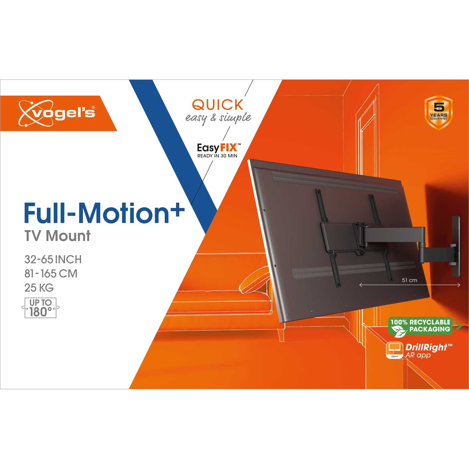 Afbeelding van een tv-beugel, productdetails en een tv aan de muur. Oranje en witte achtergrond, Vogel's logo.