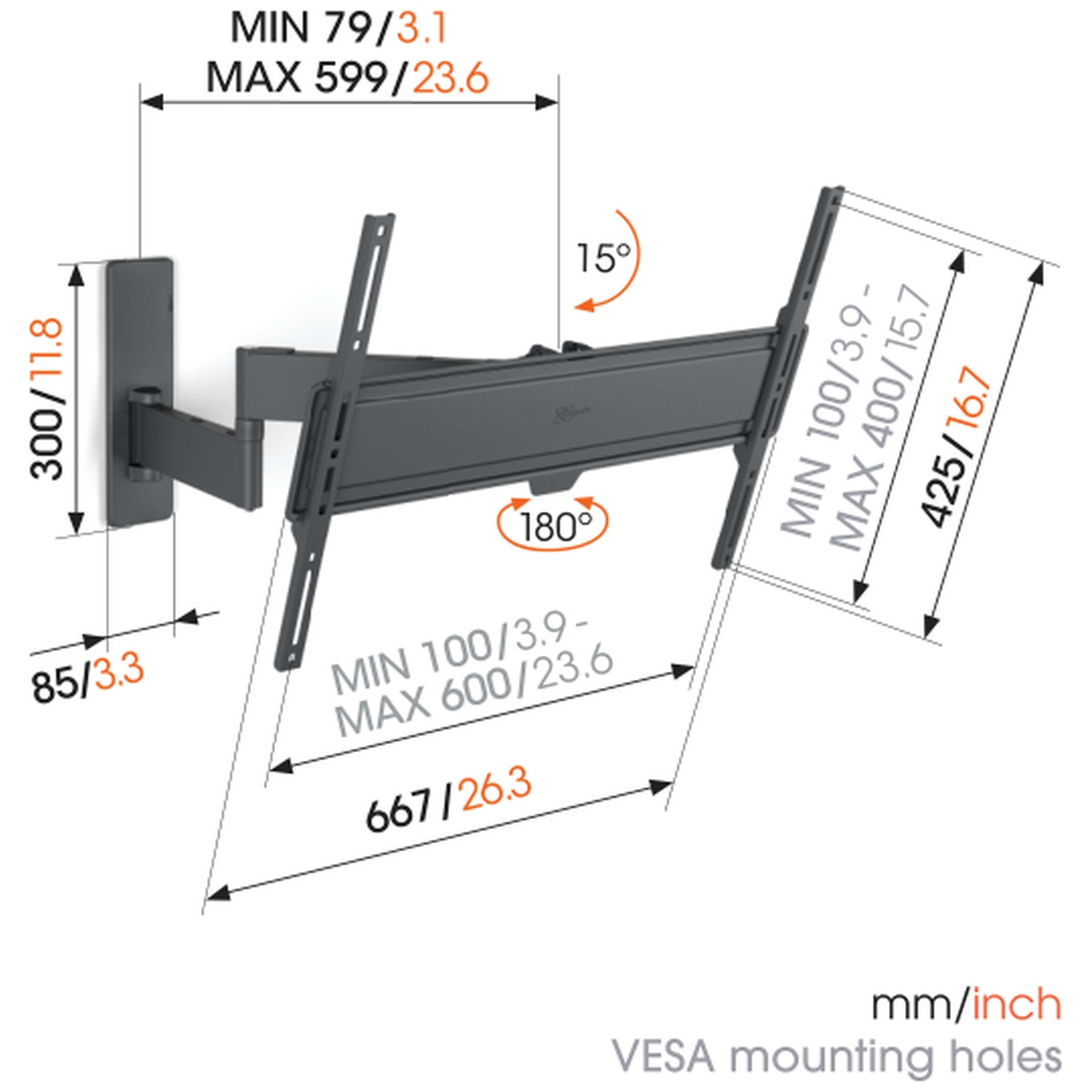 Diagram of a TV wall mount with dimensions in mm/inch. Shows angles, lengths, and VESA mounting hole specifications.