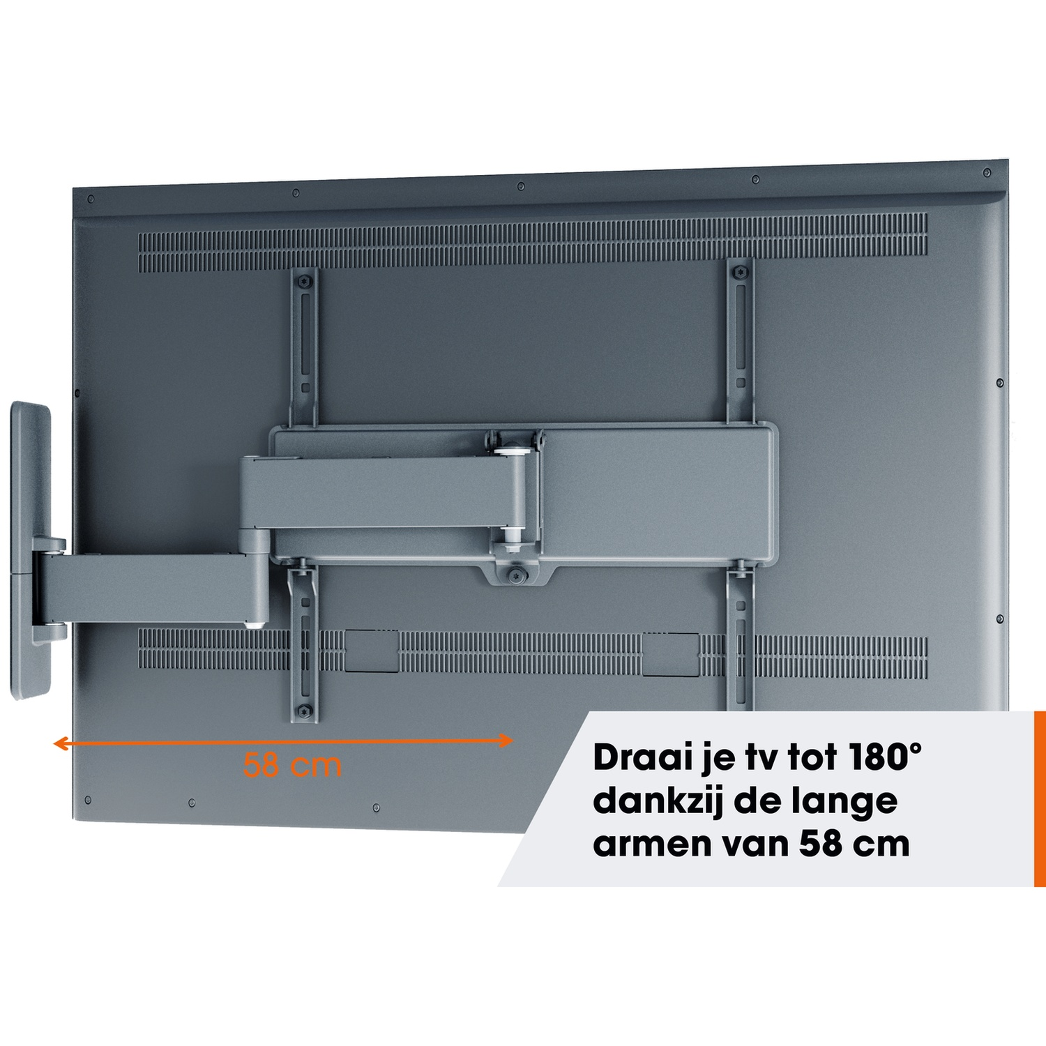 The back of a grey TV with a swivel arm. Text indicates it can turn 180 degrees due to the 58 cm long arms.