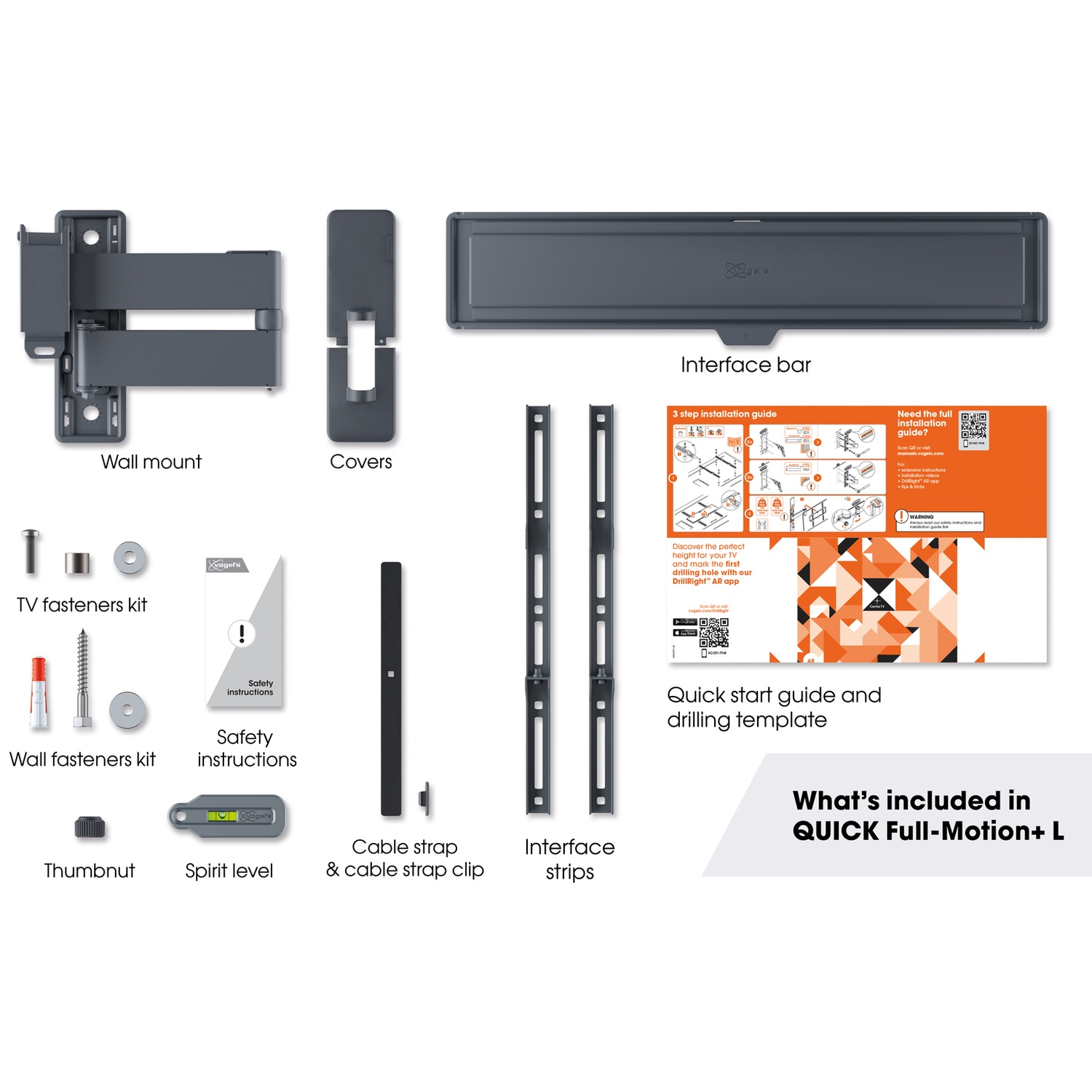 TV wall mount kit with parts: wall mount, covers, screws, level, guide, and interface bar. Items are grey and white.