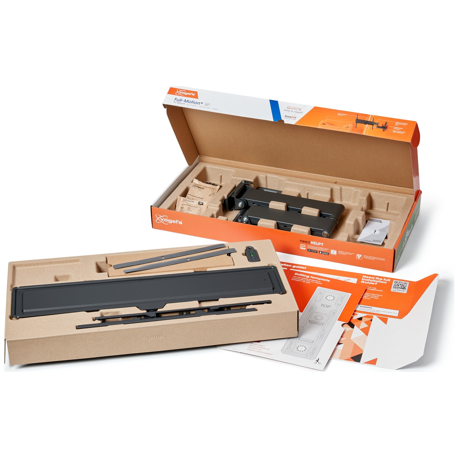 Open boxes with TV mount components, including brackets, rails, and instructions. Vogel's brand packaging is visible.