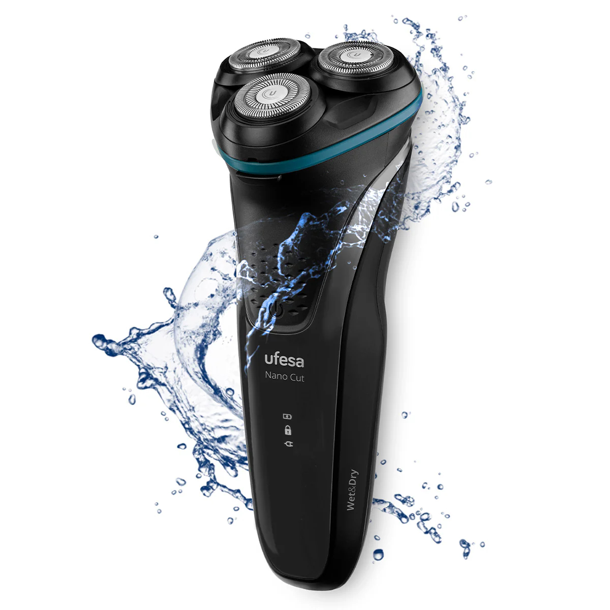 Afeitadora eléctrica Ufesa Nano Cut negra con tres cabezales, detalles azules y efecto de salpicaduras de agua sobre fondo blanco.