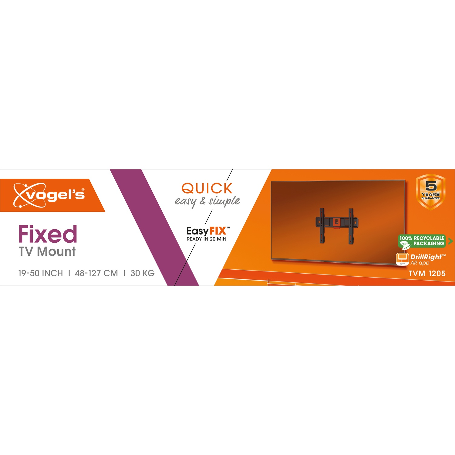 Afbeelding toont een Vogel's tv-beugel doos. Het heeft productdetails, een tv rechts en iconen voor recycling en garantie.