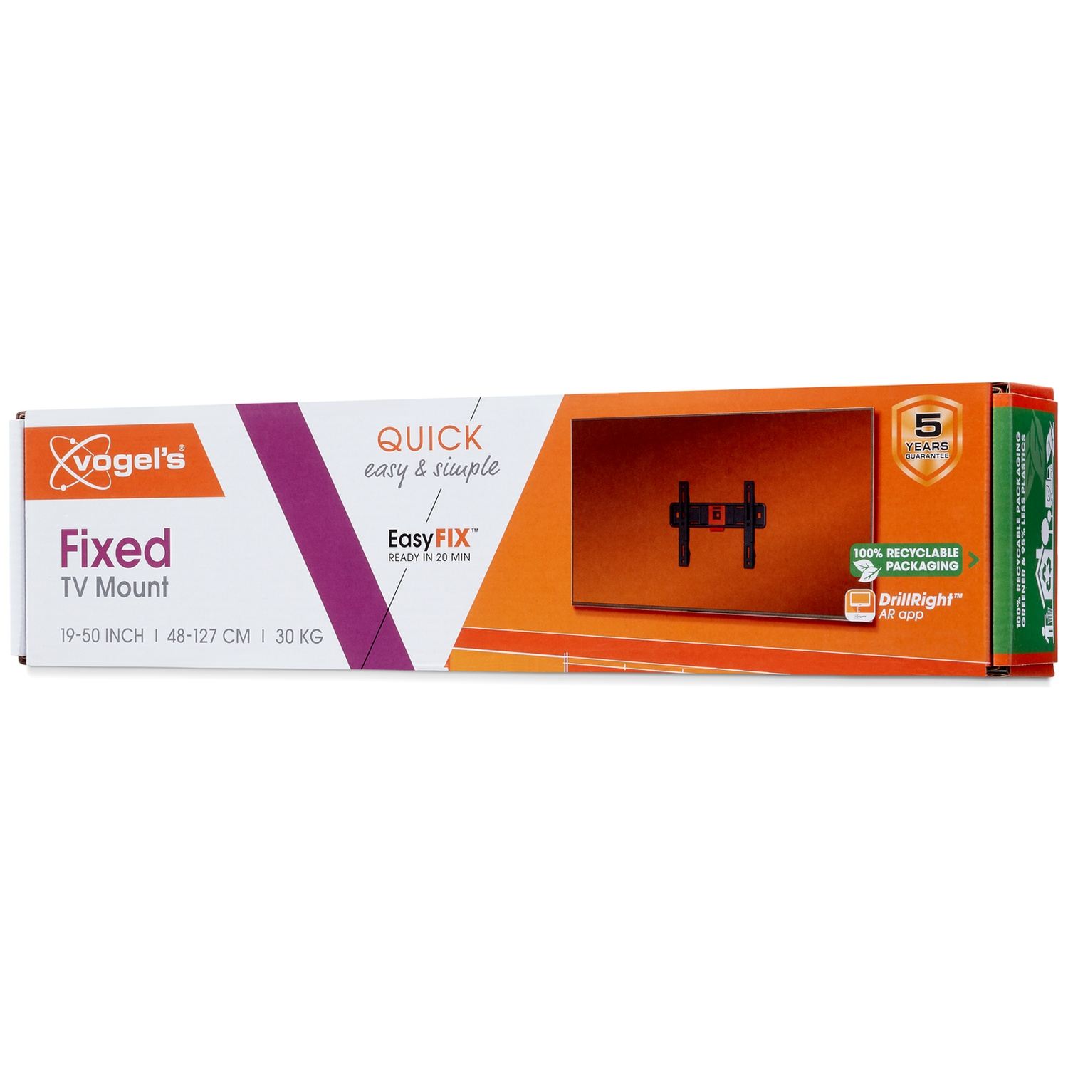 Doos van Vogel's Fixed TV Mount. Kenmerken: snel, gemakkelijk, Easy FIX, 5 jaar garantie en 100% recyclebare verpakking.