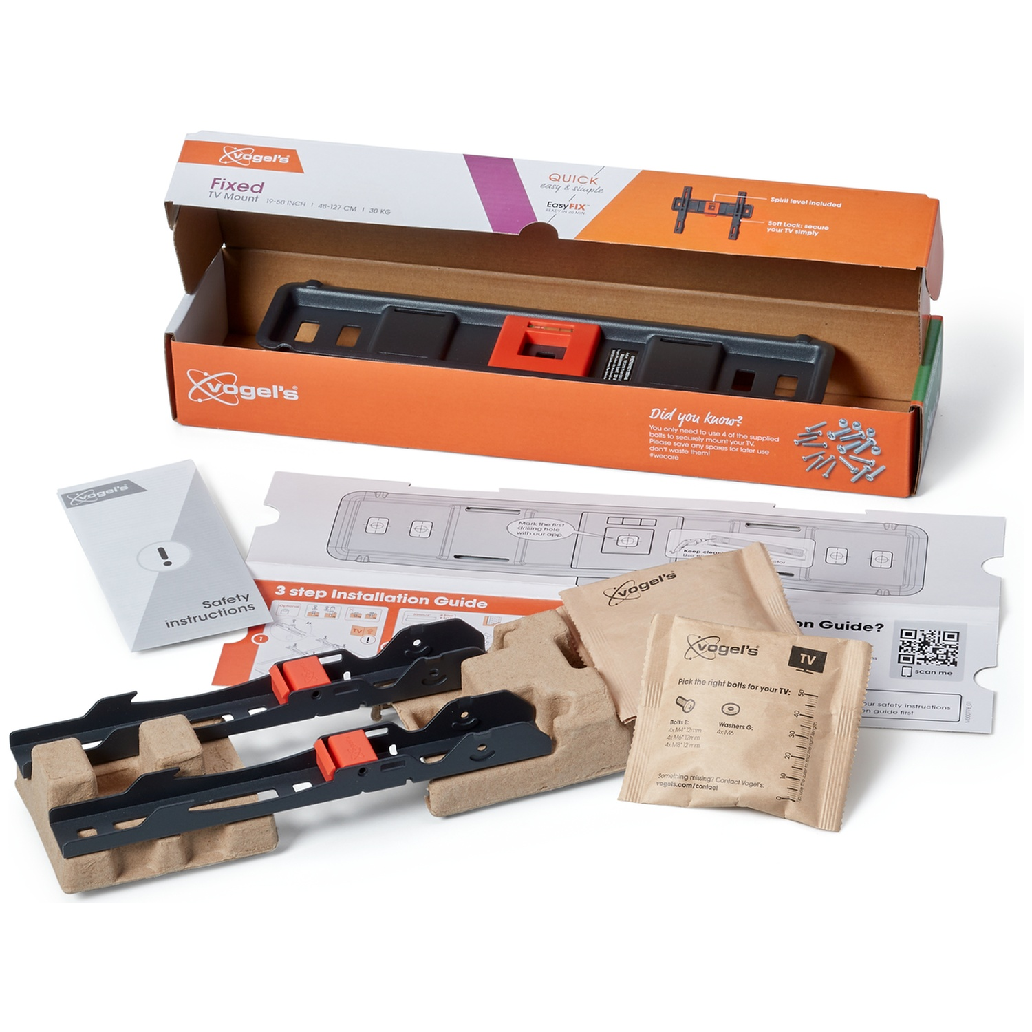 TV-montageset met doos, instructies en beugels. Inclusief schroeven en waterpas voor eenvoudige tv-installatie.