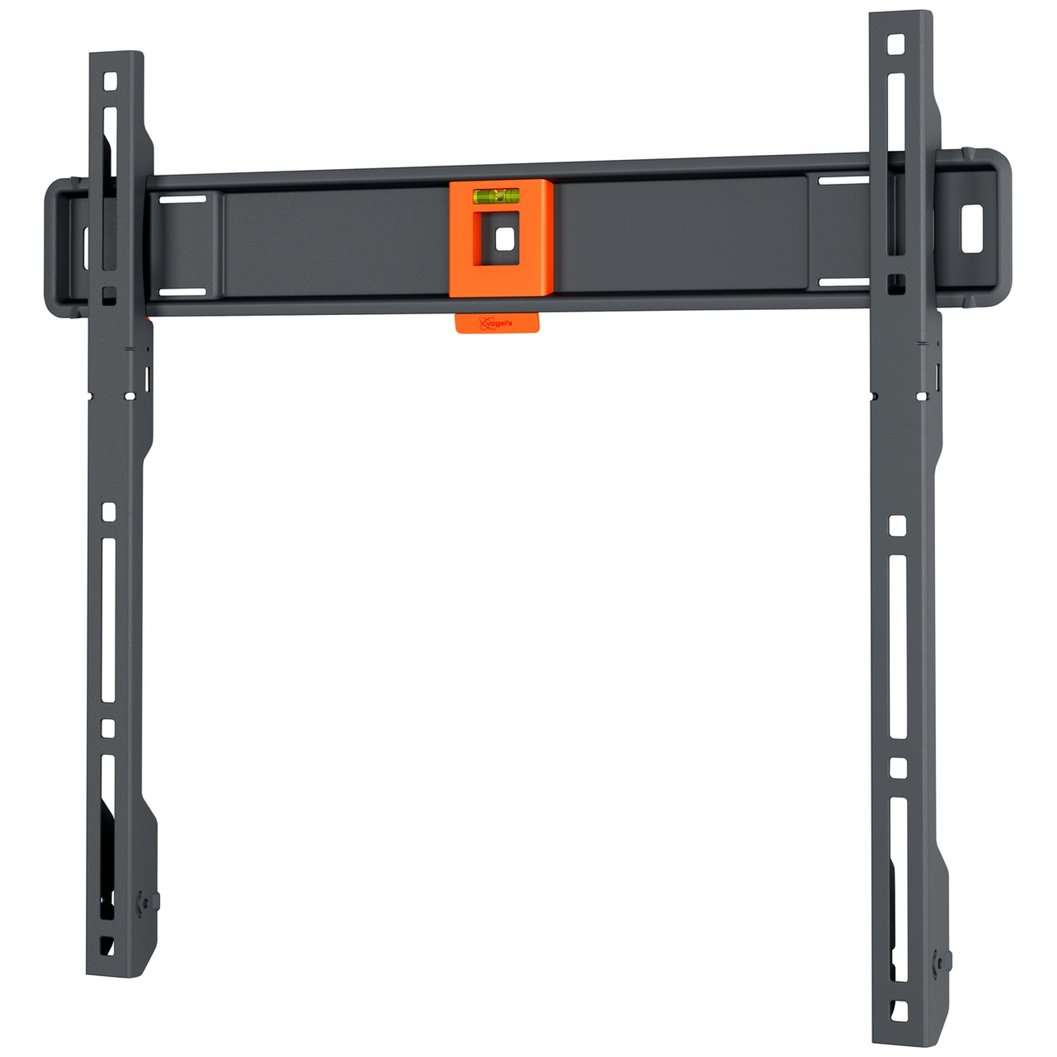 Tv-muurbeugel. Donkergrijs metalen frame met oranje waterpas. Verticale staven met gaten en sleuven.