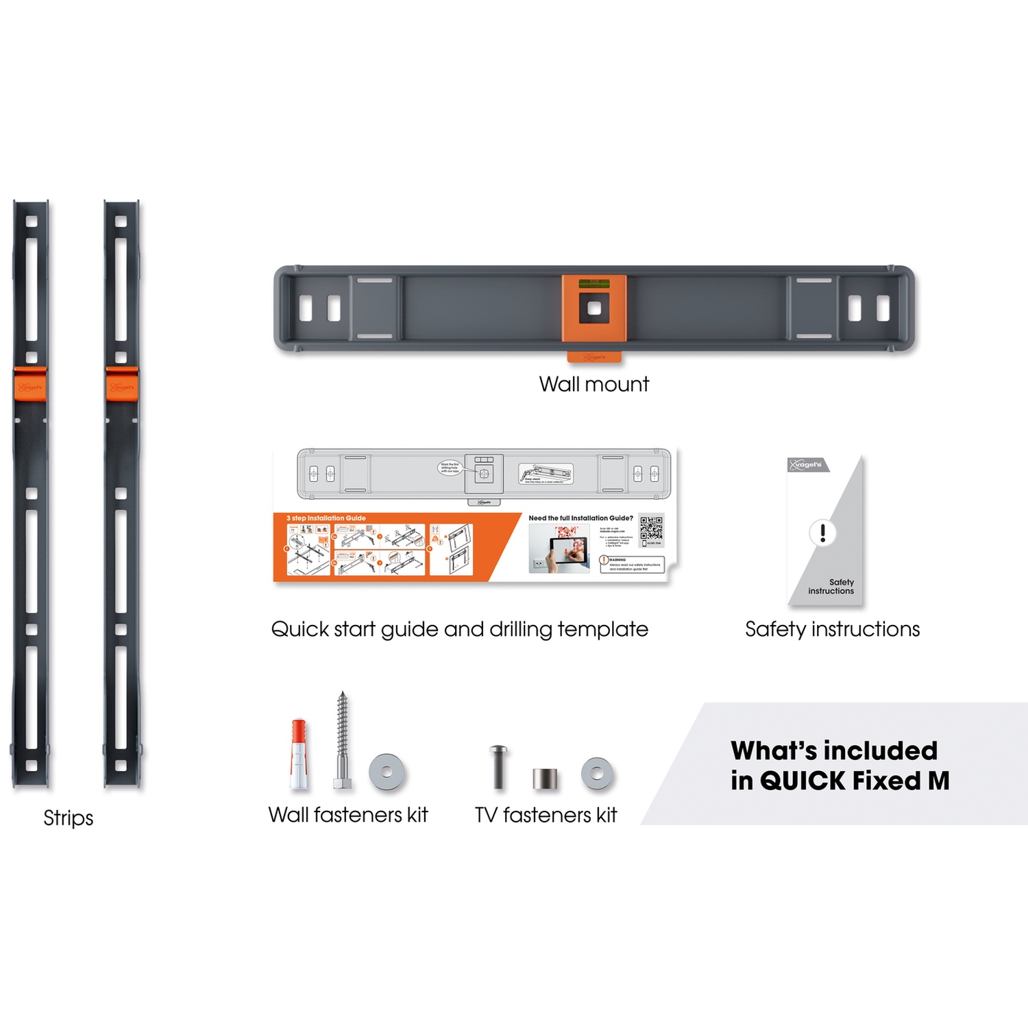 Afbeelding toont QUICK Fixed M componenten: strips, wandbevestiging, gids, bevestigingsmiddelen en veiligheidsinstructies, allemaal op een witte achtergrond.