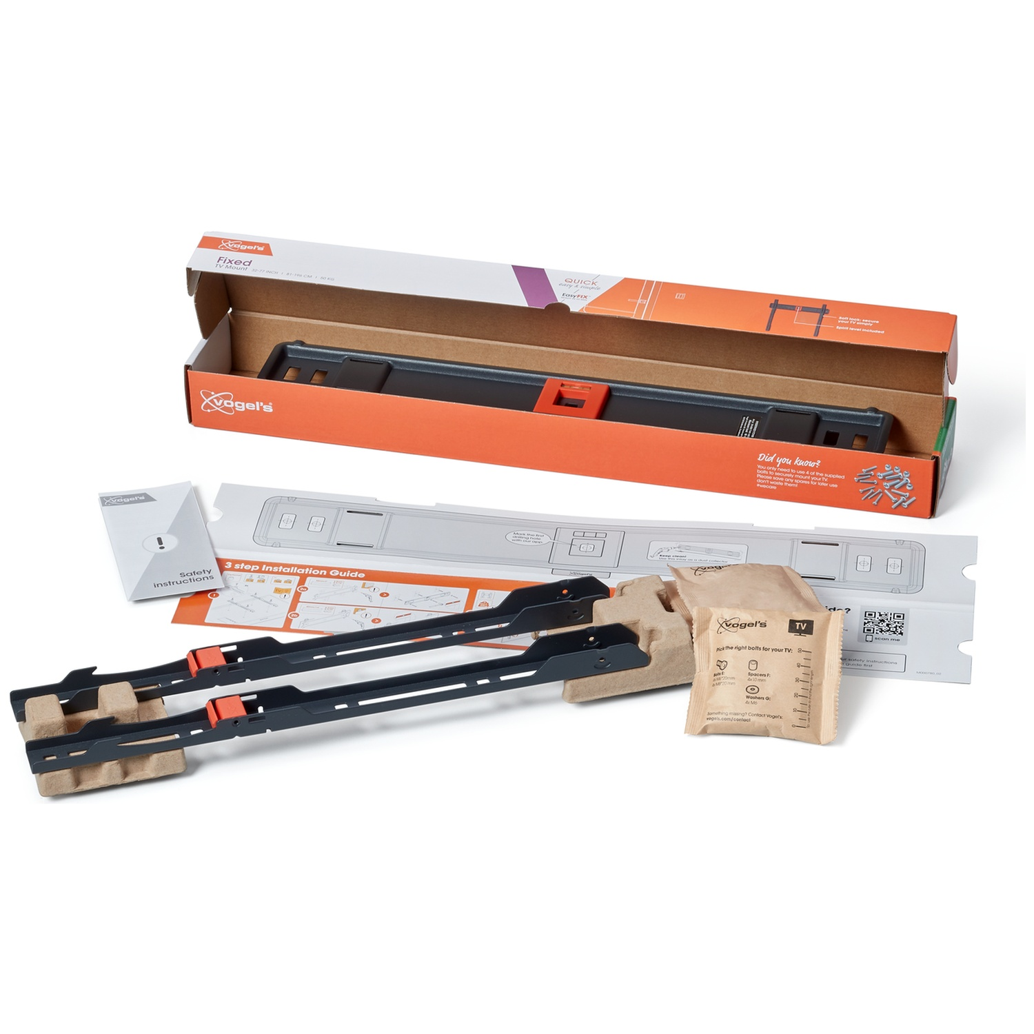 TV-montageset met doos, instructies en montagemateriaal. Onderdelen zijn zwart, oranje en bruin.