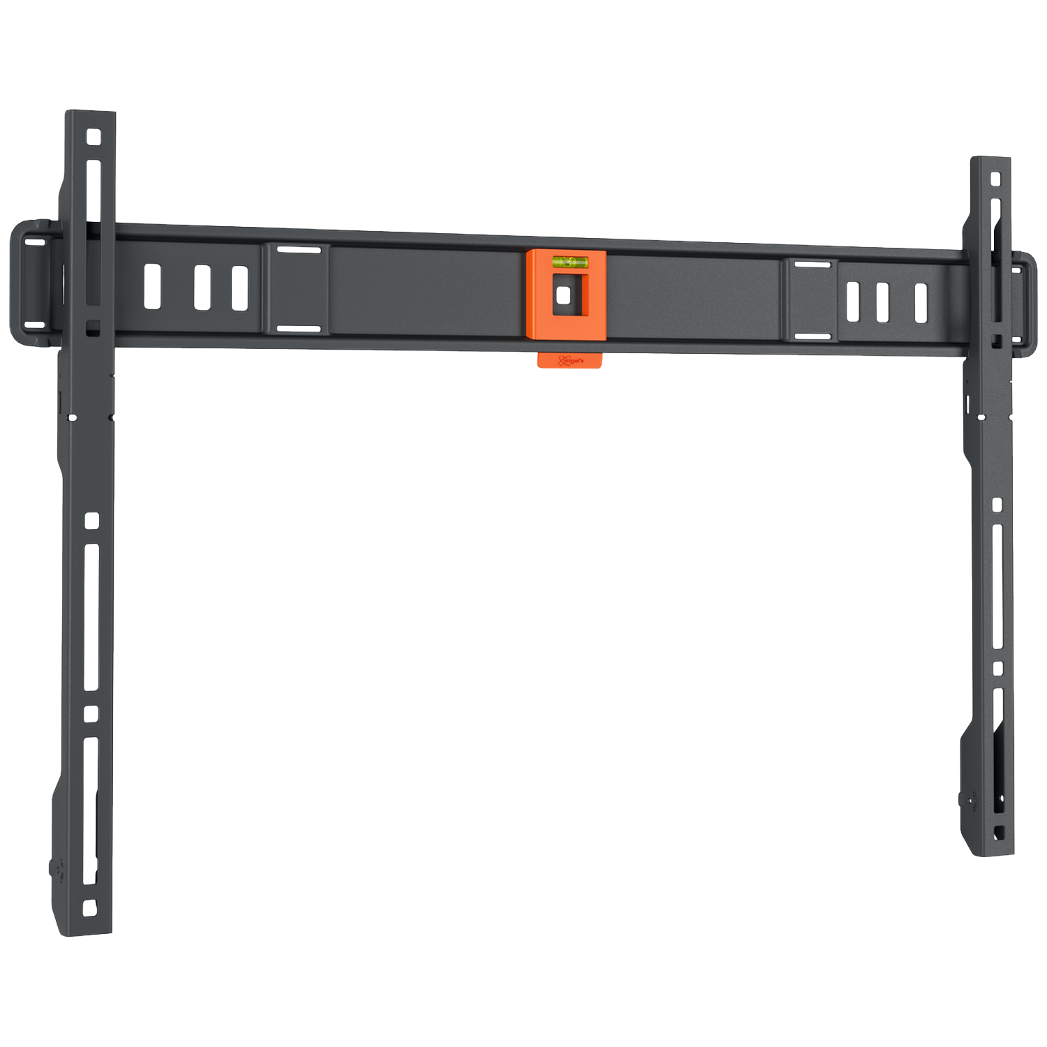 Un support mural pour téléviseur noir et gris. Il y a un niveleur orange au milieu et un fond blanc.