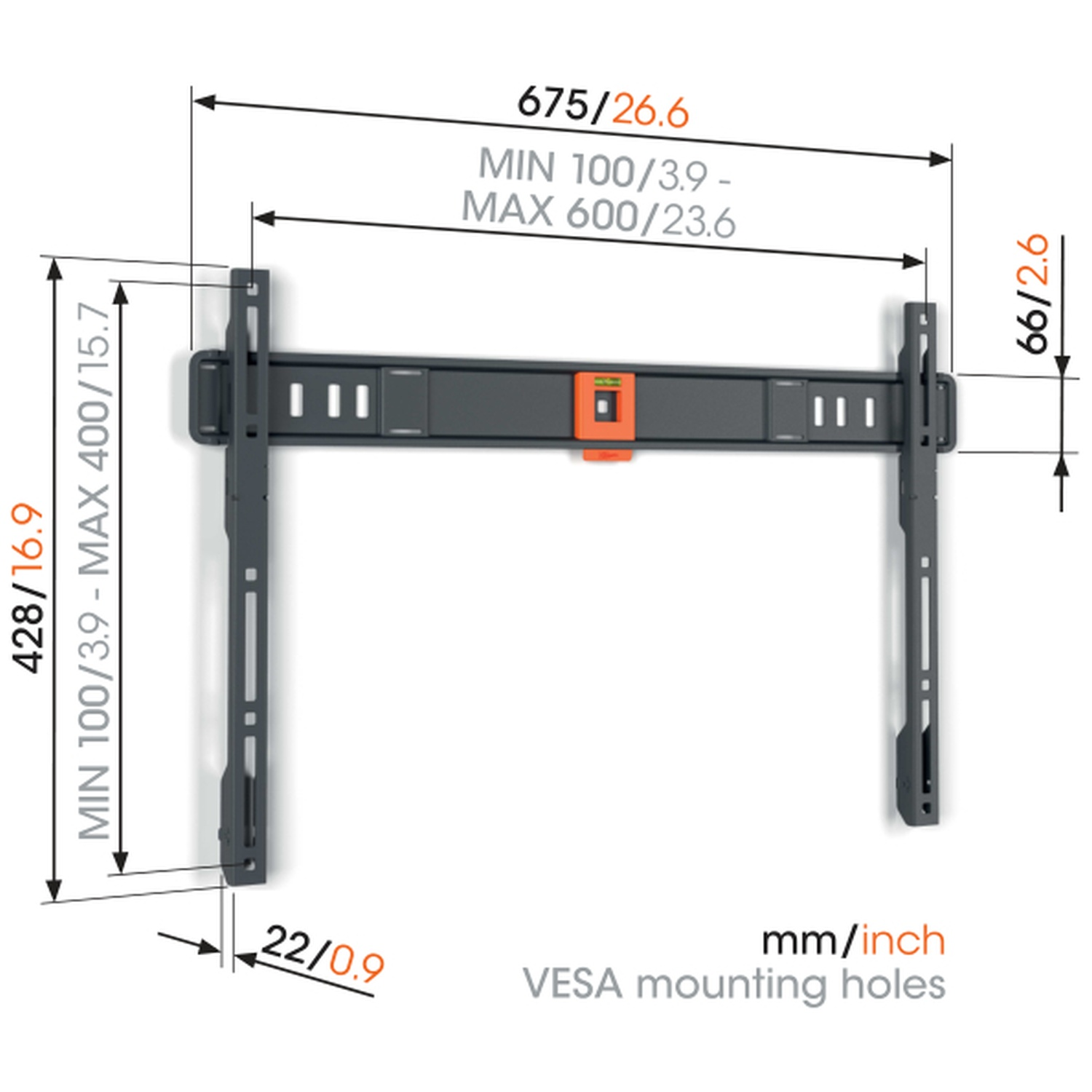 Schéma d'un support mural avec dimensions en mm/pouces. Il est de couleur gris foncé avec un indicateur de niveau orange et des trous de montage VESA.