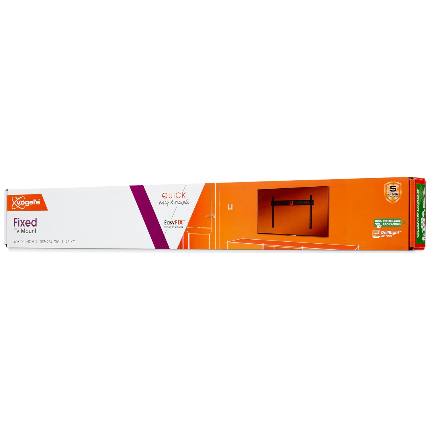 Une boîte de fixation TV fixe Vogels. La boîte est blanche, orange et noire, avec du texte comme 'Fixed TV Mount' et 'EasyFIX'.