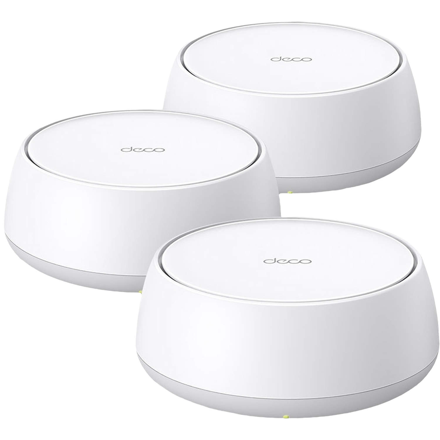 Trois appareils Wi-Fi maillés Deco blancs sont disposés. Chacun a une base arrondie et un dessus plat avec le logo 'deco'.