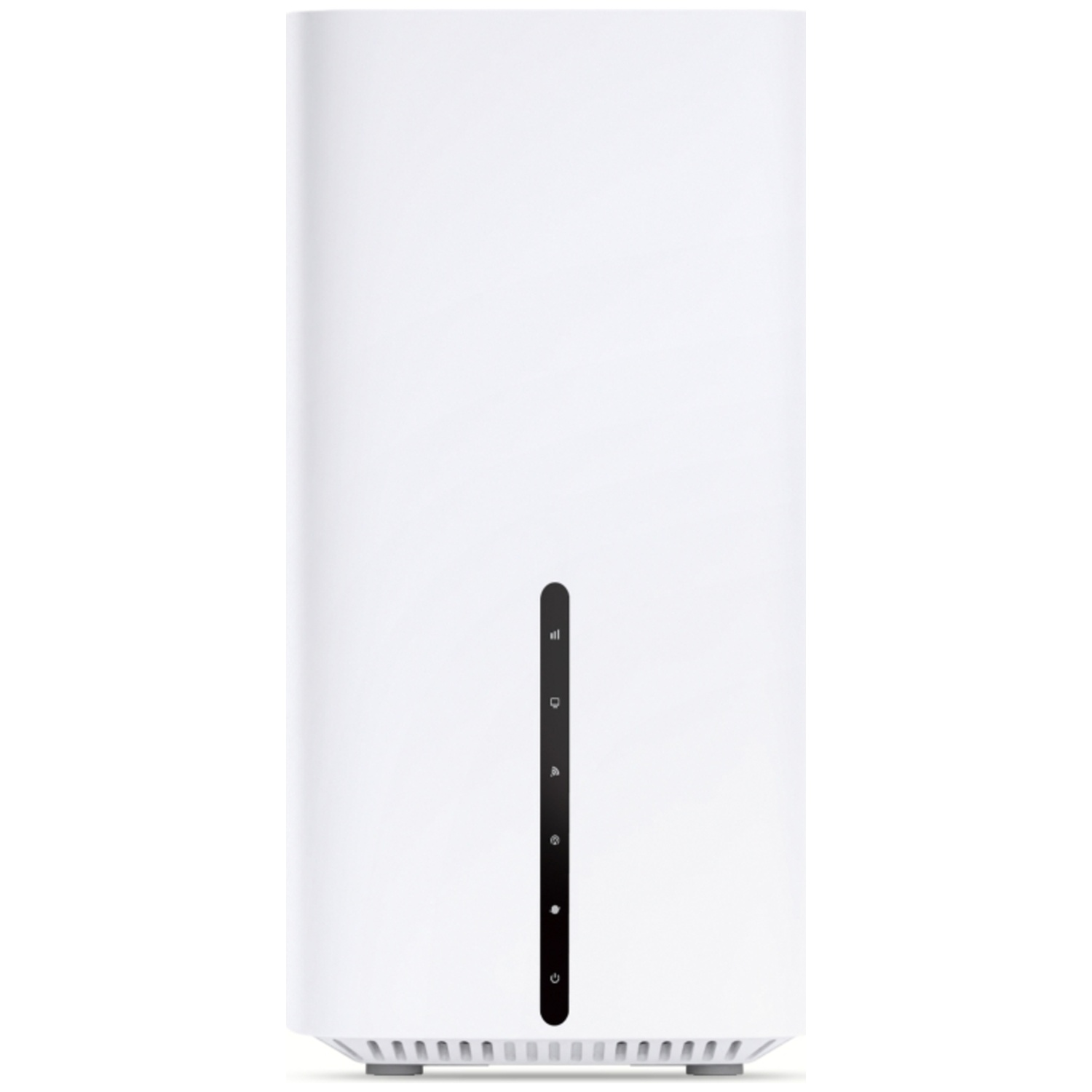 Un modem blanc avec une bande noire verticale de lumières. Le modem est sur un fond blanc.