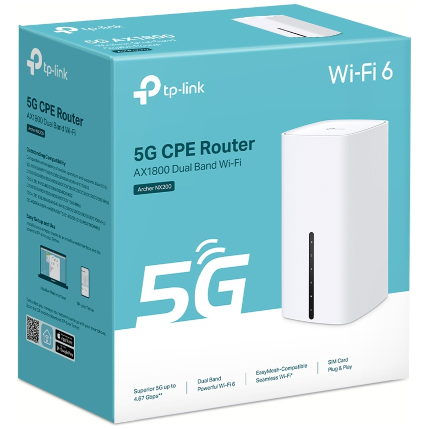 Boîte d'un routeur CPE 5G. Un routeur blanc est à droite. Les détails sur le routeur sont sur la boîte.