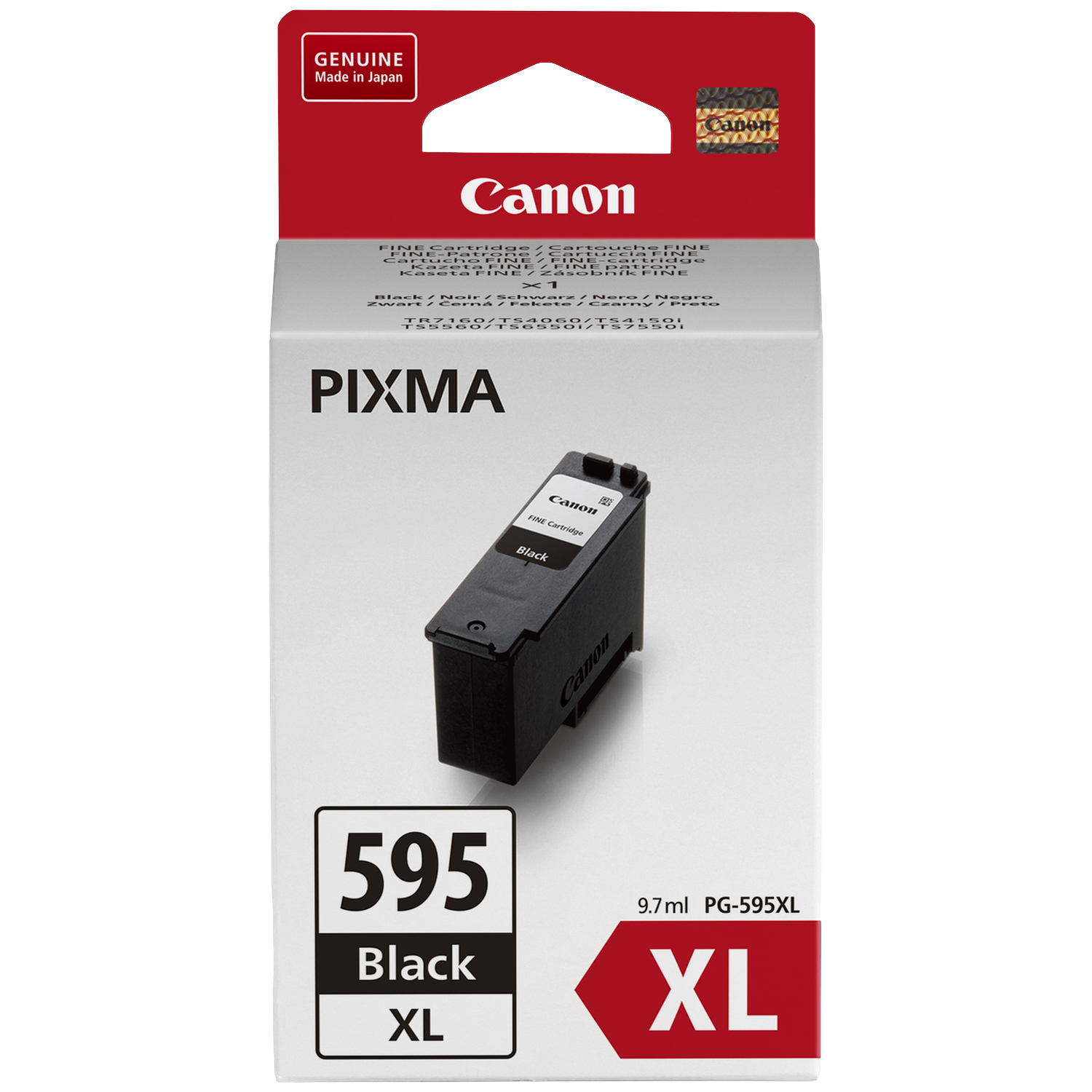 A Canon printer ink cartridge box. It's white and red with a black cartridge visible. Text includes '595 Black XL' and 'Canon'.