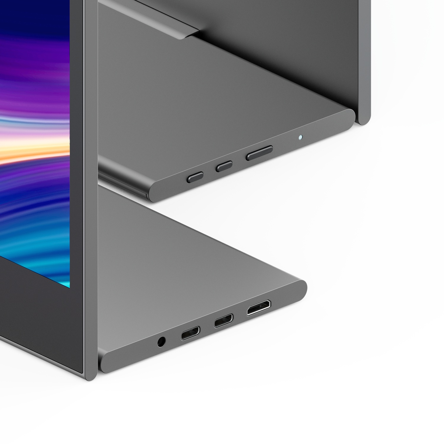 Close-up of a gray, portable monitor, showing ports and buttons. The screen displays colorful gradients. White background.