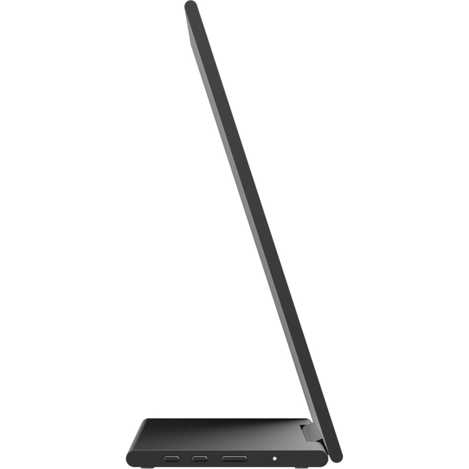 Side view of a black tablet or monitor. It has a base with ports and a screen angled upwards, all black.