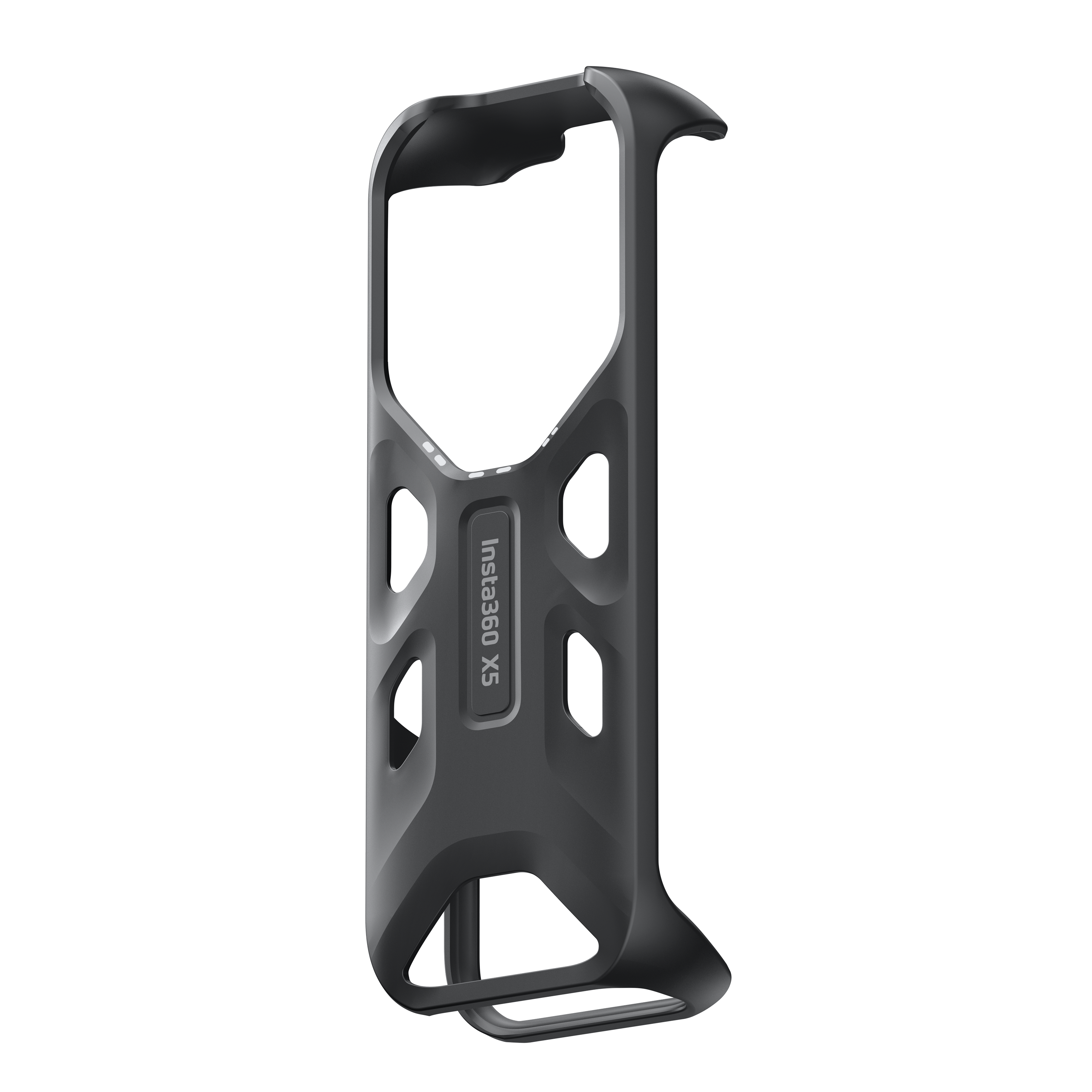 Ein schwarzer Insta360 X5 Kamerakäfig. Er hat eine unverwechselbare Form mit Öffnungen und dem Markennamen.