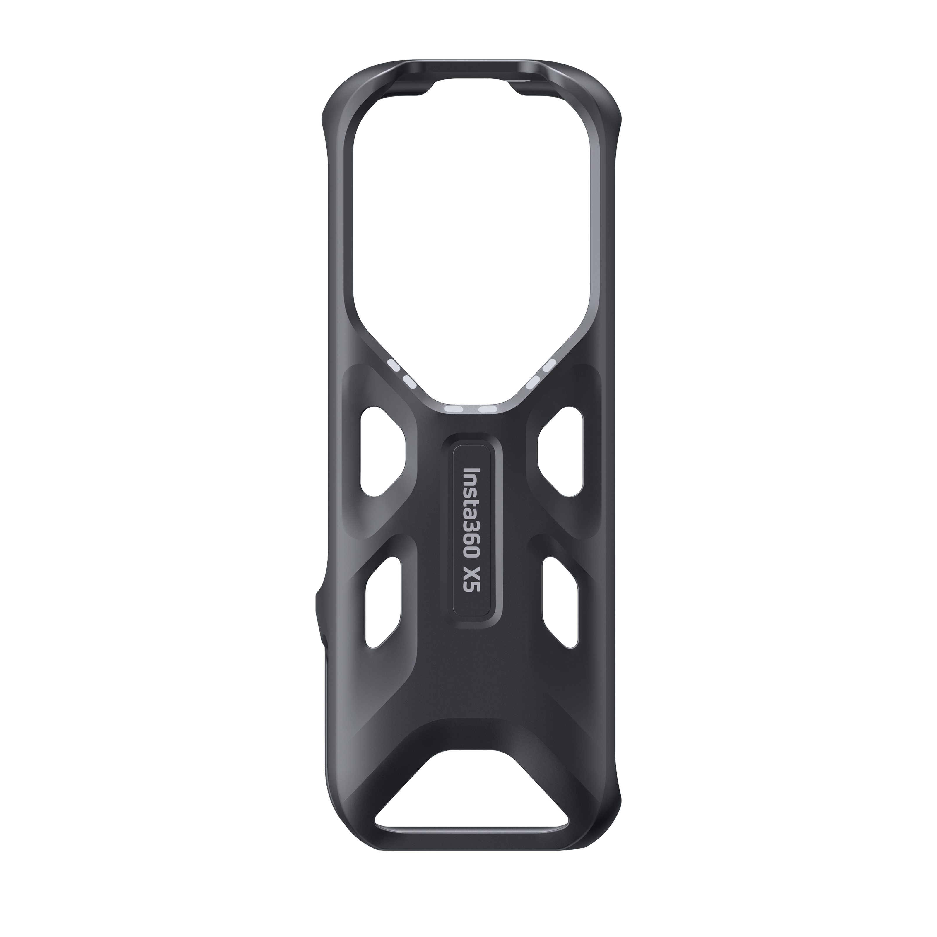 Eine dunkelgraue Insta360 X5 Kamerahülle. Sie hat Öffnungen und der Markenname ist sichtbar.