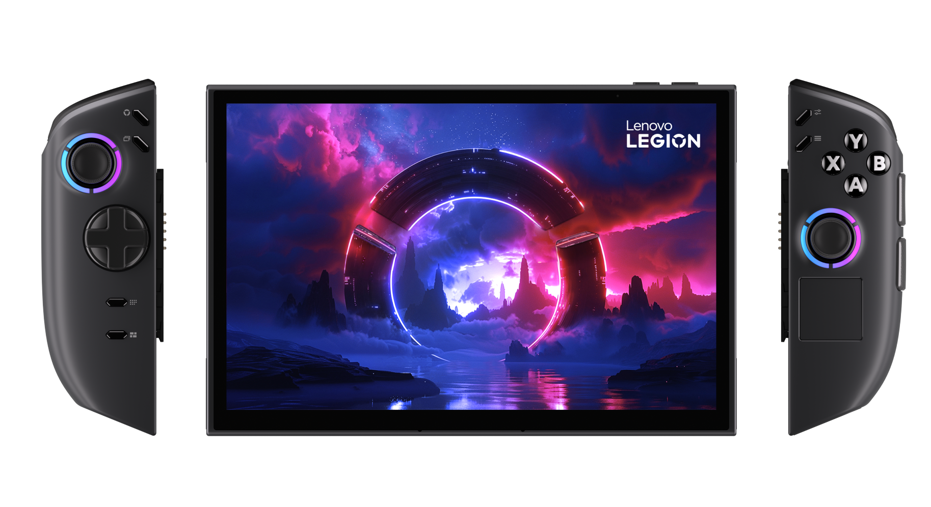 Przenośne urządzenie Lenovo Legion. Czarne z kontrolerami po bokach. Ekran pokazuje futurystyczny krajobraz z świecącym pierścieniem.