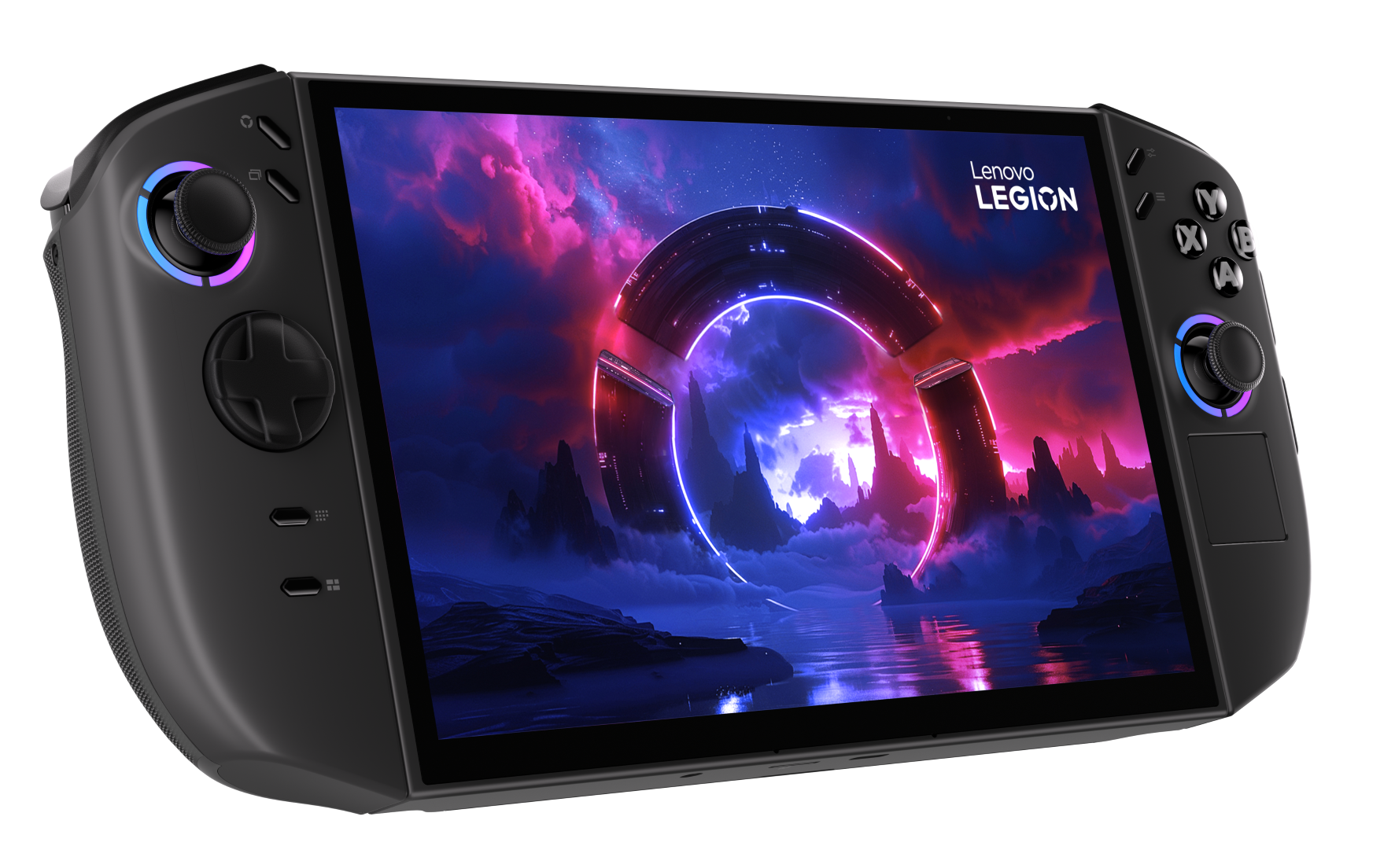 Czarna konsola przenośna Lenovo Legion. Ekran wyświetla futurystyczną scenę z świecącym pierścieniem i górami.