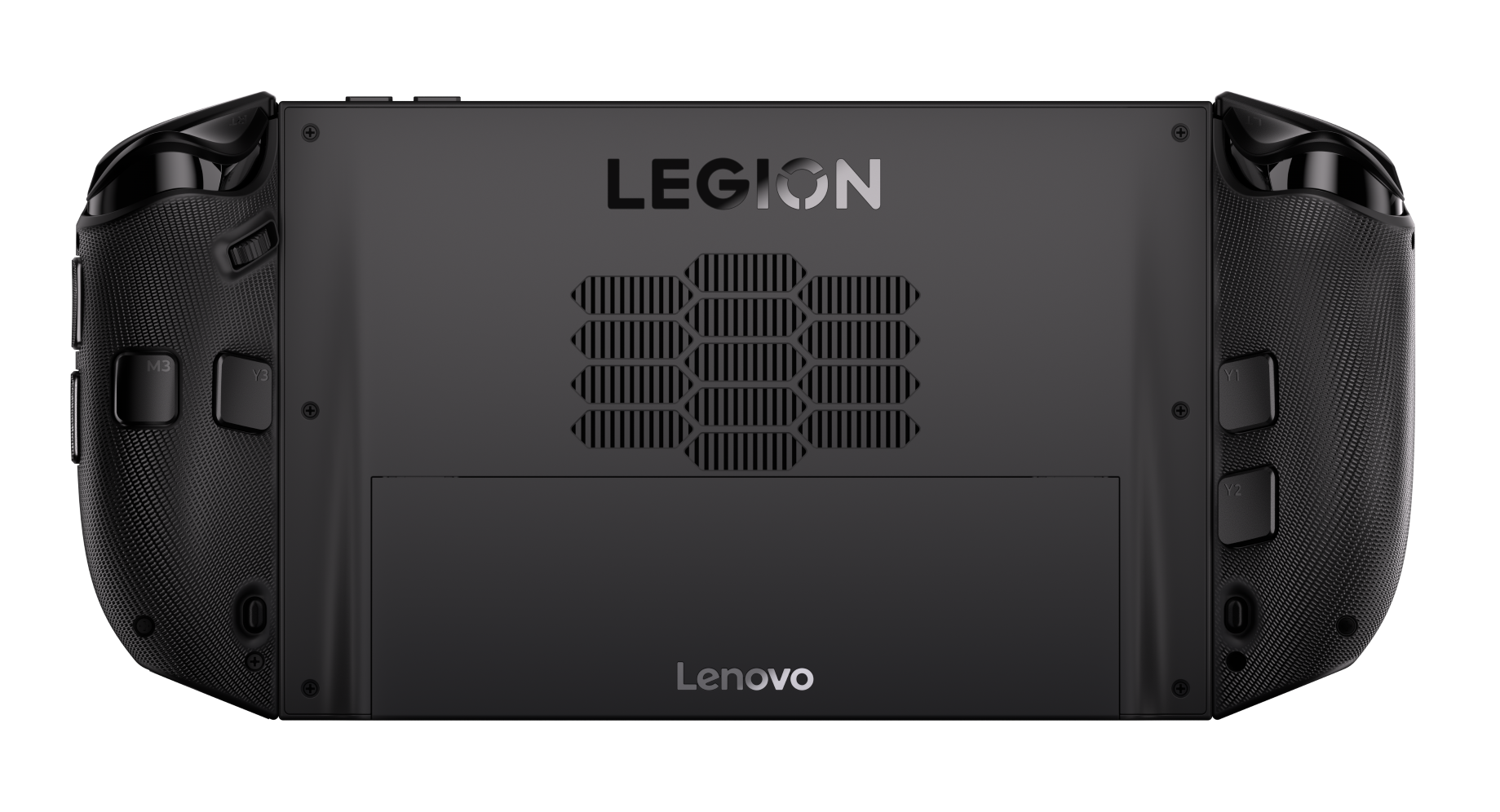 Czarny przenośny gamepad Lenovo Legion. Posiada przyciski, otwory wentylacyjne i logo Legion. Logo Lenovo na dole.