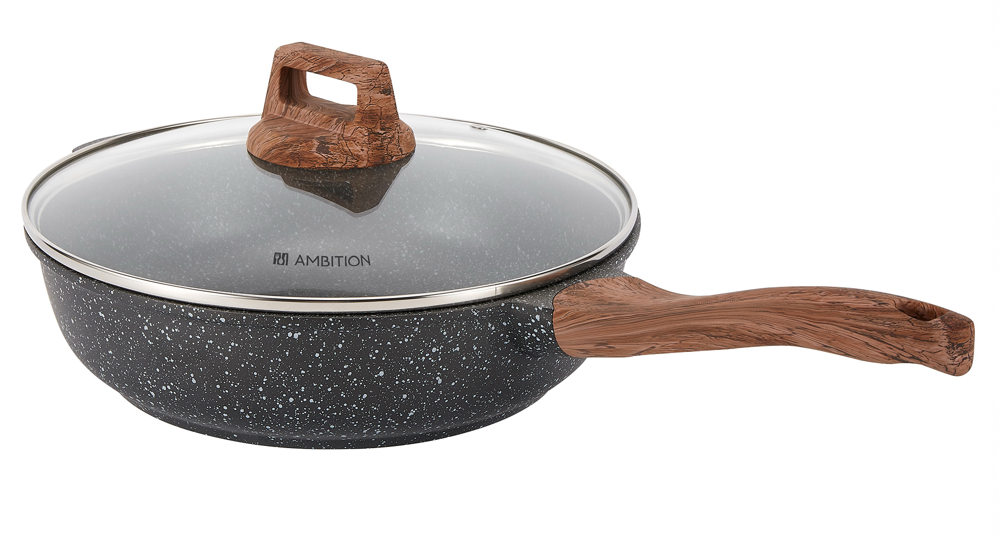Nakrapiana czarna patelnia ze szklaną pokrywką i drewnianym uchwytem. Pokrywka ma drewniany uchwyt. Patelnia jest na białym tle.