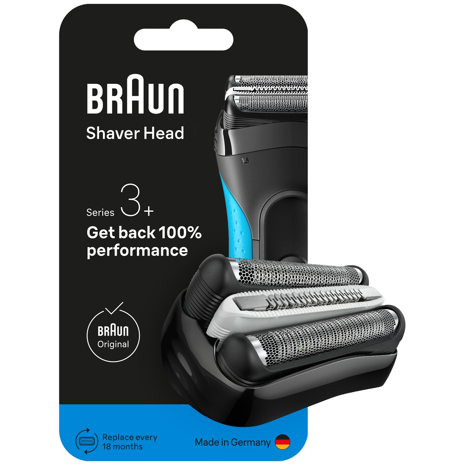 Un emballage de tête de rasoir Braun. L'emballage est noir avec du texte blanc. Il montre une tête de rasoir et le logo Braun.