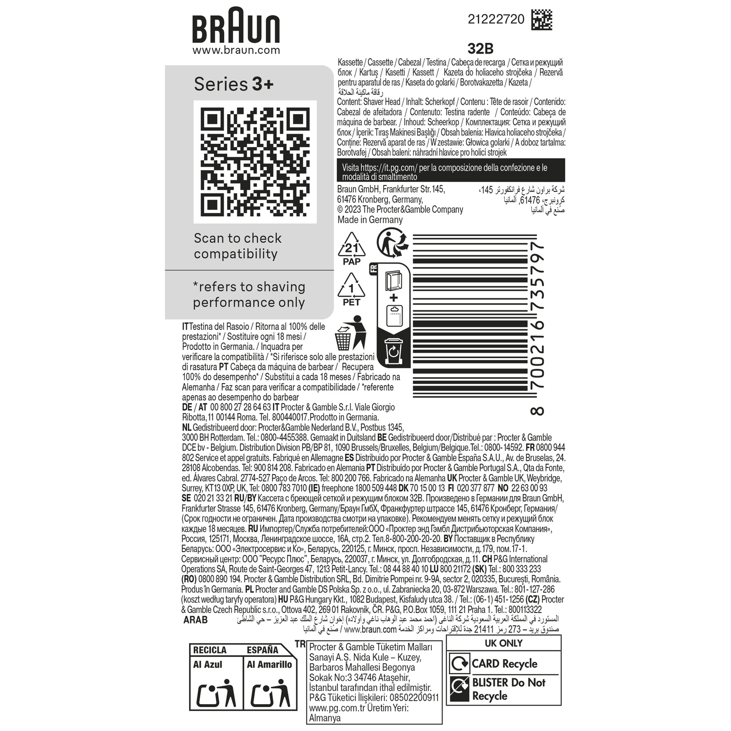 A Braun product box with text, logos, and a QR code, plus recycling symbols.
