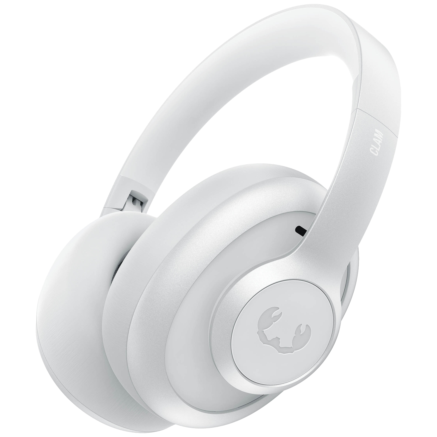 Witte koptelefoon met zilveren hoofdband en krablogo.