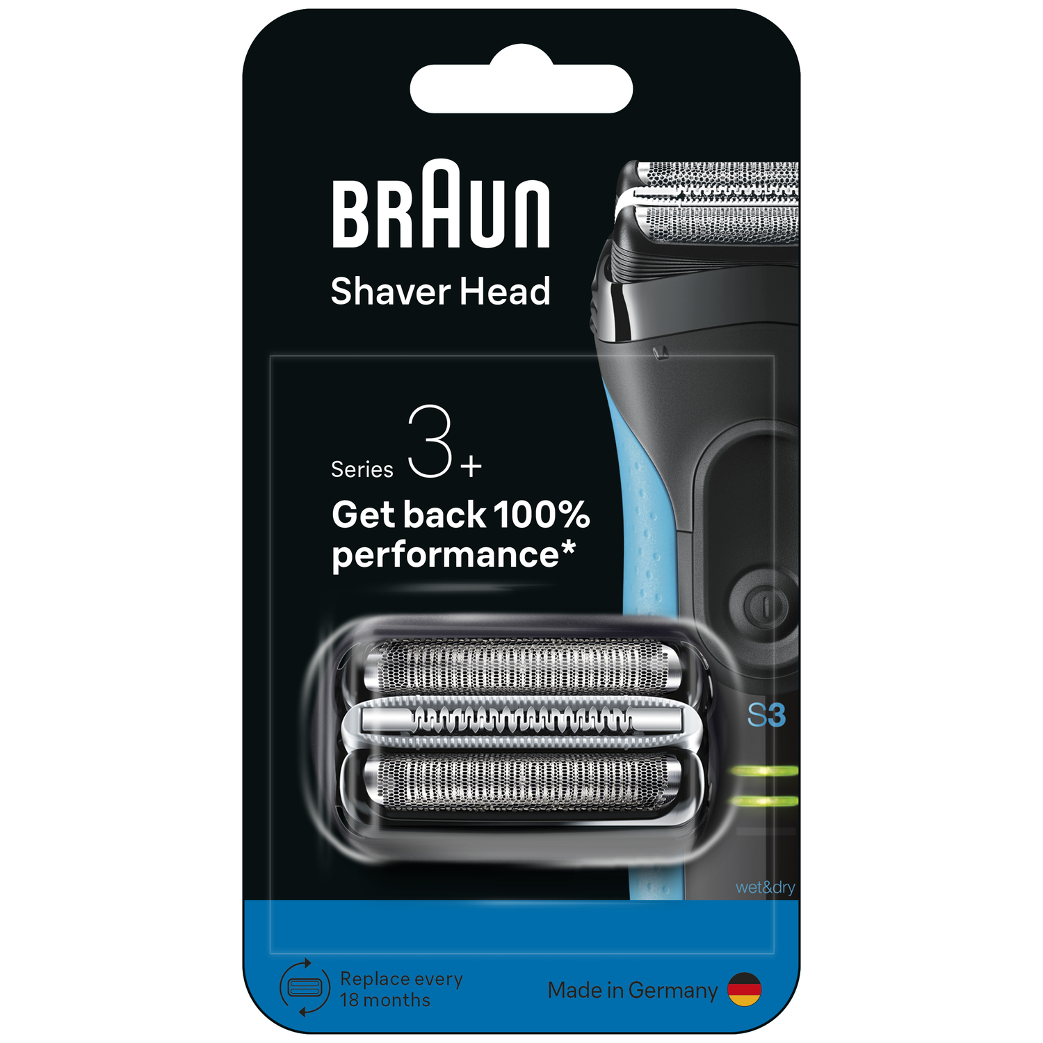 Packaging for a Braun shaver head. Shows the shaver head and text indicating it's Series 3+, with 'Made in Germany' on the bottom.