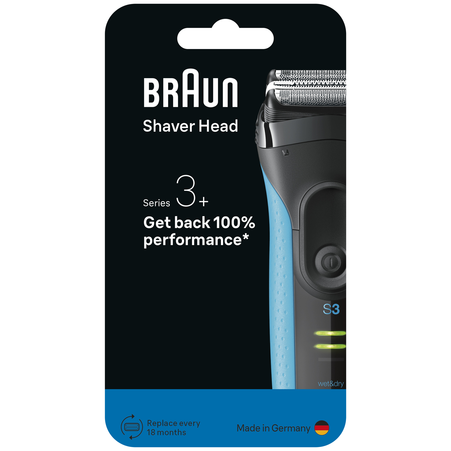 A Braun shaver head package. The package is black with blue accents. It shows the shaver and text indicating the product and features.