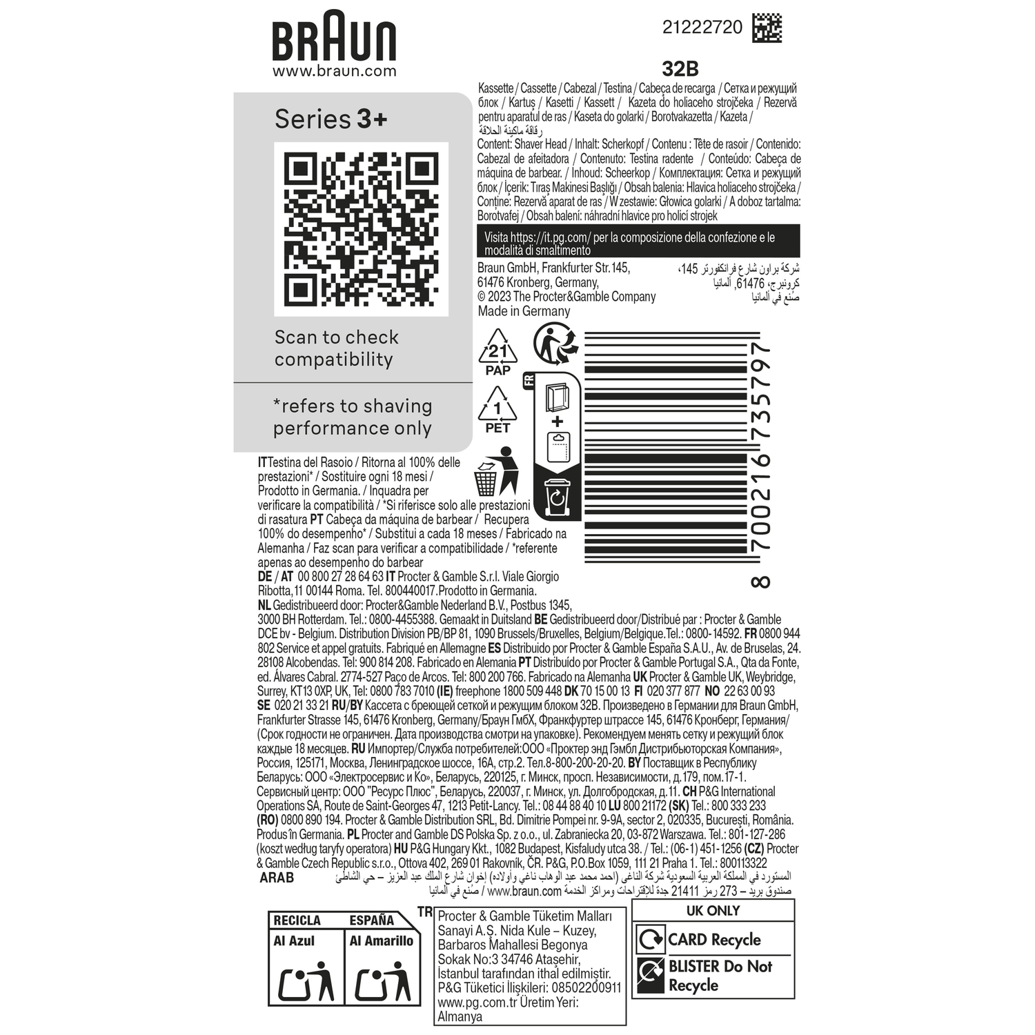 A Braun box with text and QR code, plus recycling symbols.